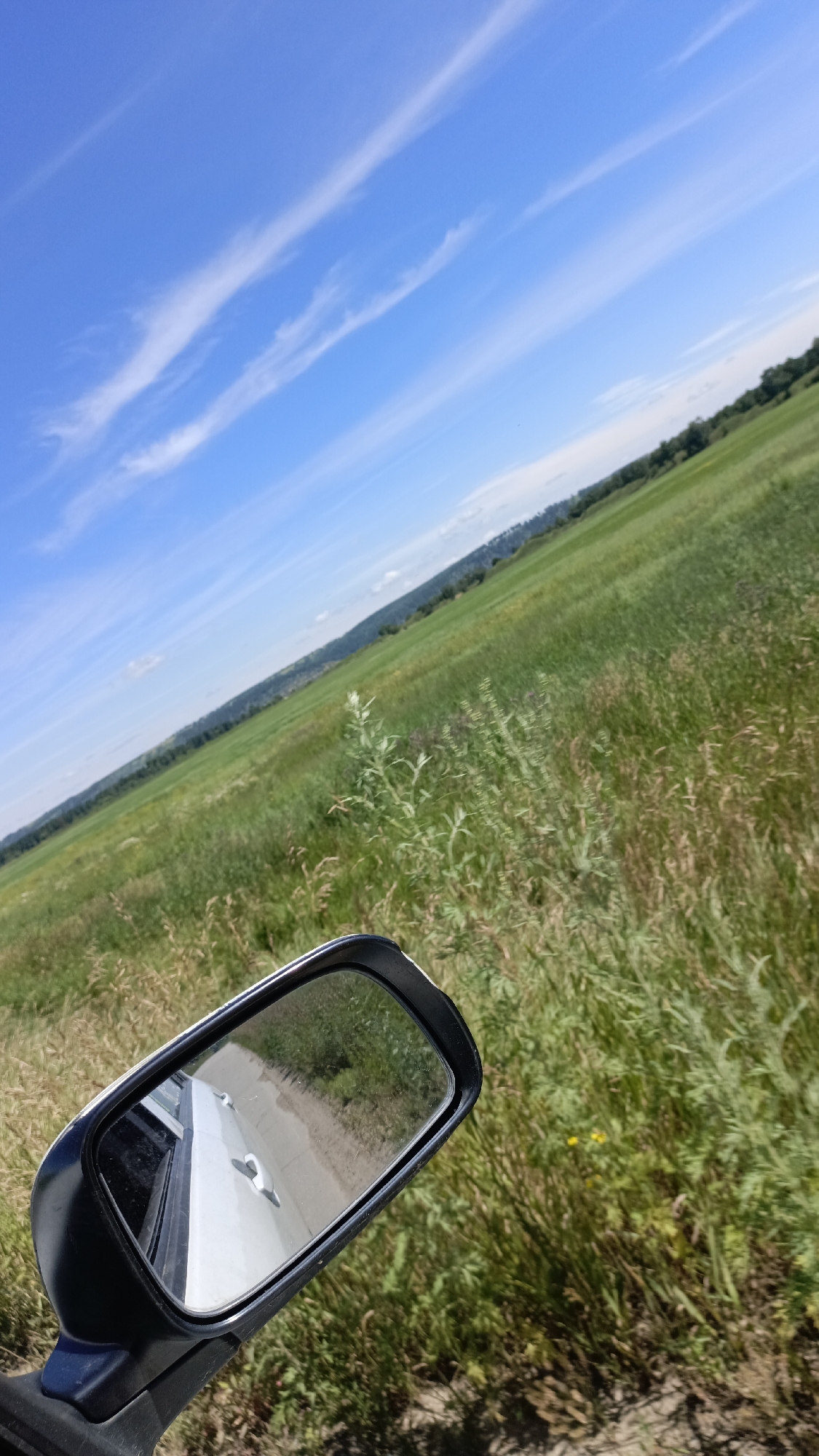 The image shows a view through a car's side mirror, reflecting the car's white body and a dirt road. Outside the mirror, a vast green field stretches to the horizon under a bright blue sky with wispy white clouds. In the distance, rolling hills covered in trees form the backdrop. The foreground is dominated by the car's side mirror assembly and tall green and dry grasses. This scene is consistent with the rural outskirts of Meget, Russia, a town known for its expansive fields and natural landscapes. No people are visible in the image.