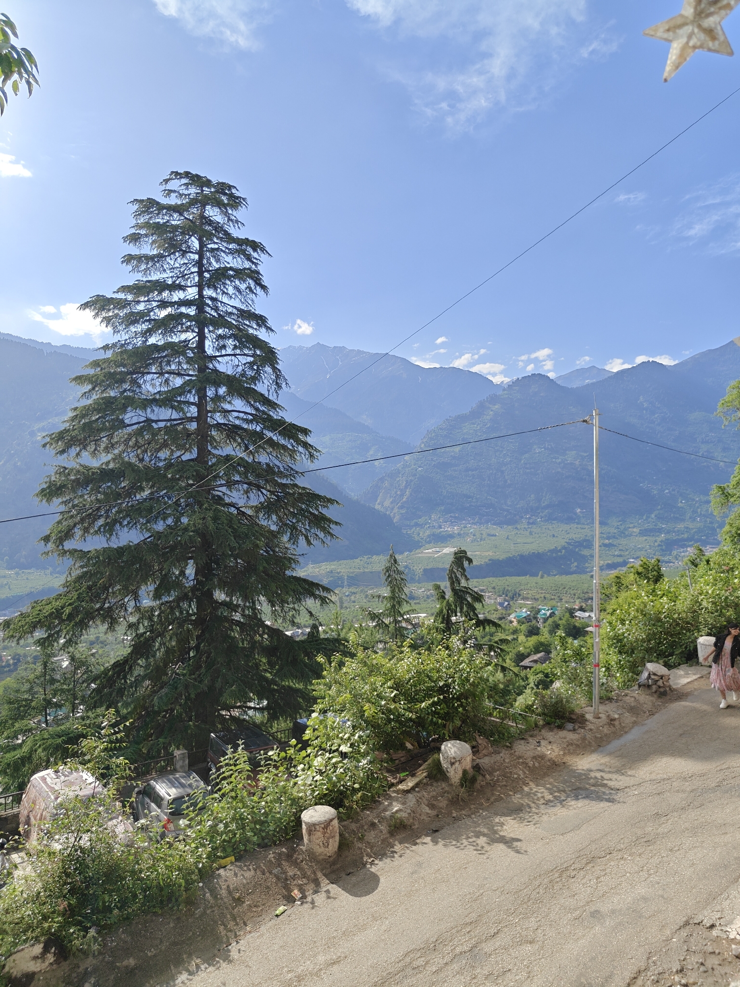 The image depicts a scenic view in Patar, India, showcasing a lush green valley surrounded by mountains under a partly cloudy blue sky. A tall coniferous tree stands prominently on the left, with lower greenery and vegetation along a roadside. The road curves gently to the right, where a woman is walking. A utility pole and overhead wires are visible, and glimpses of buildings can be seen nestled in the valley below.