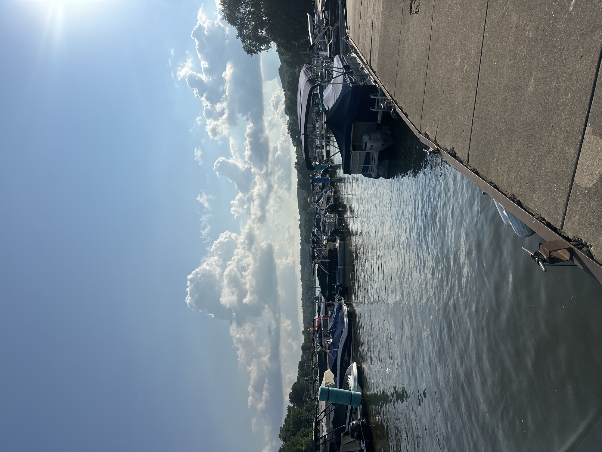 The image depicts a marina in Algonquin, Illinois, on a clear, sunny day. The foreground features a concrete walkway bordering a calm body of water. Moored along the edge of the water are numerous boats, many covered with blue tarpaulins. One pontoon boat in the foreground is clearly visible, with a dark blue canopy and a Honda outboard motor. Beyond the boats, a line of trees and hills forms the distant shoreline. The sky is a bright blue, with scattered white cumulus clouds, and the sun is shining brightly, casting a glare in the upper right corner of the image. The overall scene suggests a peaceful day at a recreational marina.
