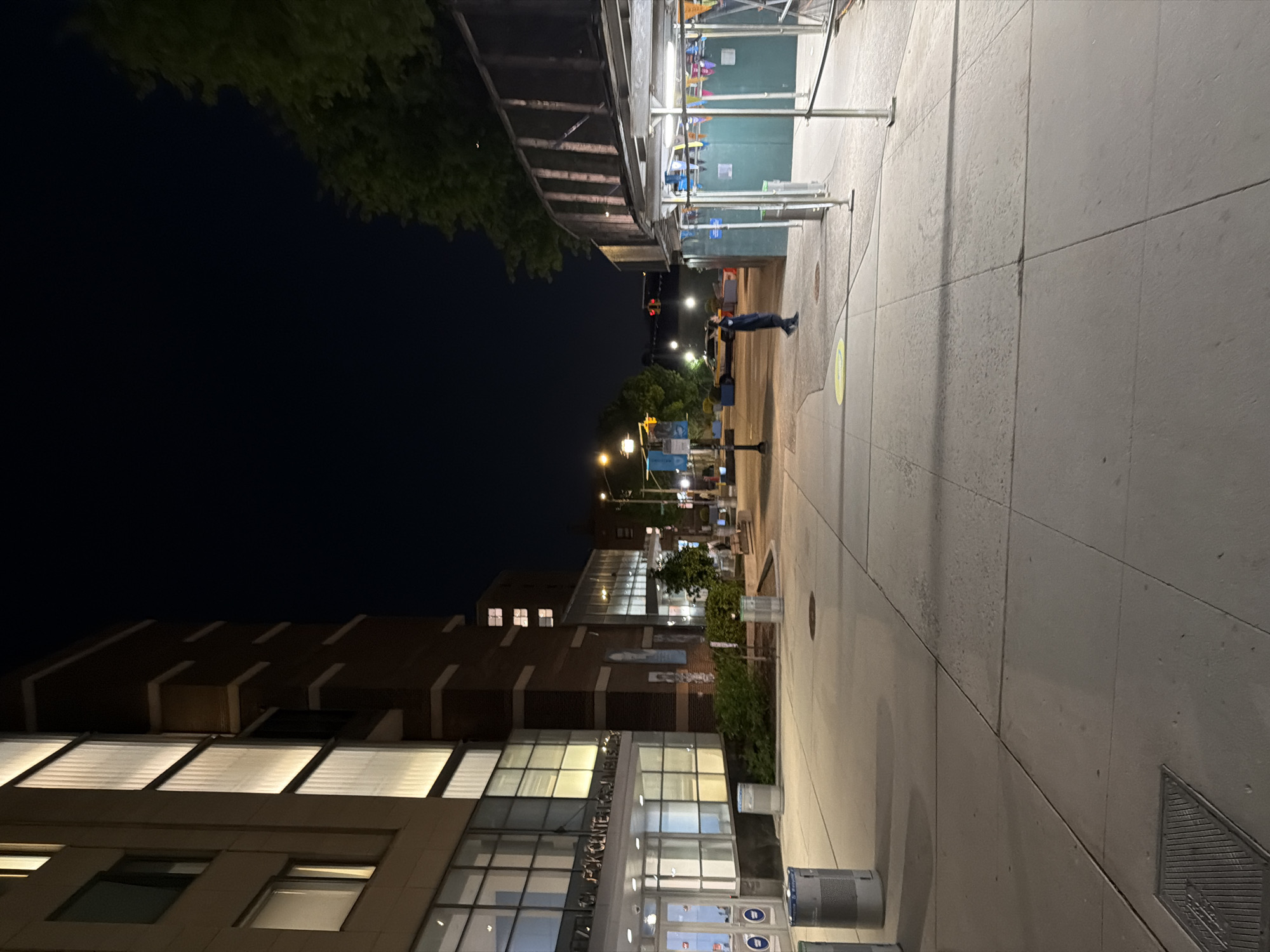 At night, in what appears to be a sidewalk bordering an urban building in New York City, a person stands near scaffolding on the right side of the frame. Streetlights illuminate the scene, casting shadows along the walkway. The architecture suggests a campus environment, with modern buildings visible and signage present. The sidewalk has circular indentations and a patterned drainage grate. The atmosphere is quiet and still, typical of a city setting after dark.