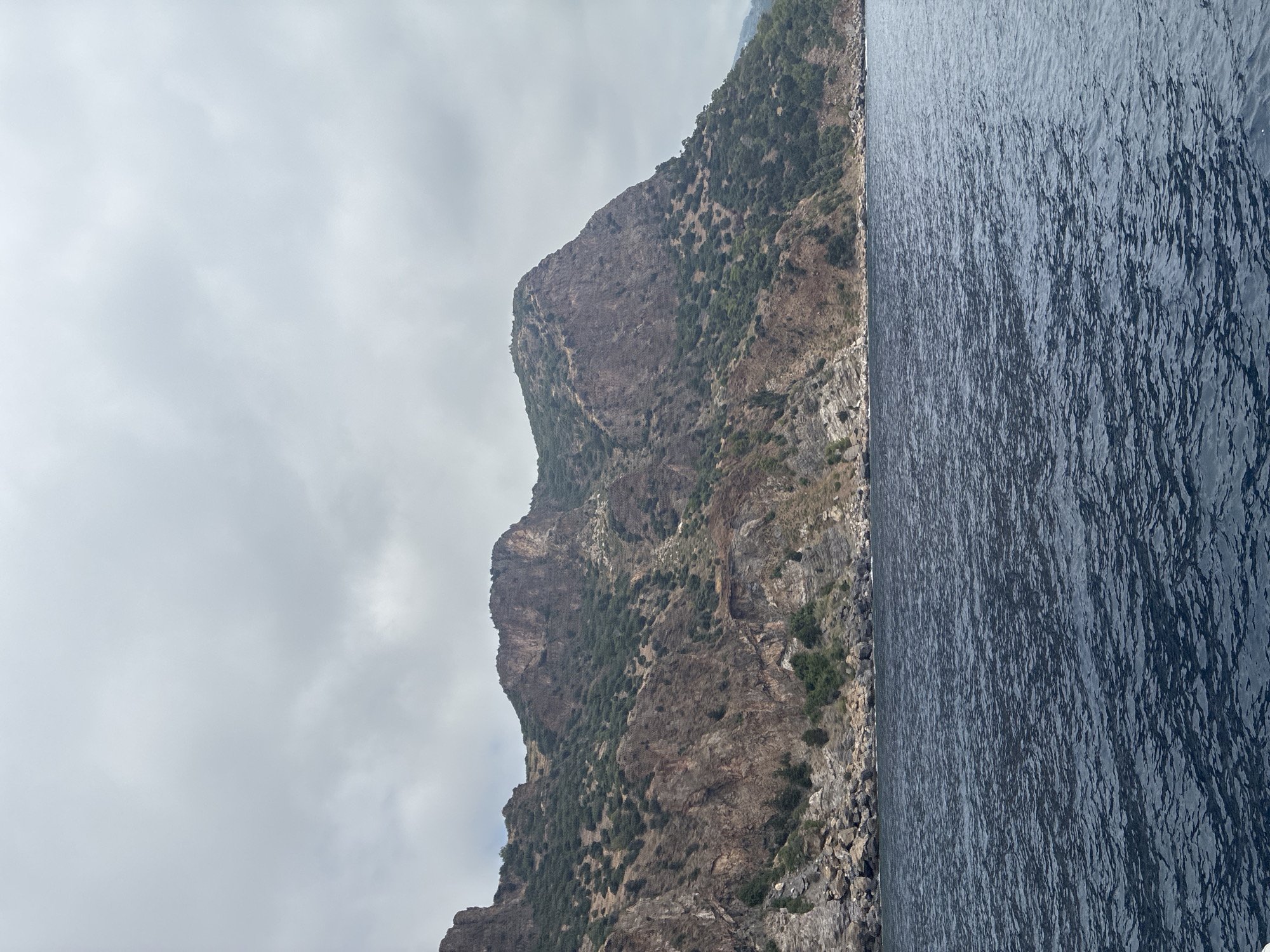 A wide, horizontal shot captures a view of a rugged, vegetated mountain range meeting the dark, choppy waters of the sea under a cloudy sky. The mountains are rocky and steep, with patches of green shrubs and trees clinging to their slopes. The shoreline is a jumble of large rocks and boulders. The sea in the foreground is a deep blue, with numerous small waves and ripples. The lighting suggests an overcast day, likely in the morning or late afternoon. The scene appears to be along the coast of Gazipaşa, Turkey, a region known for its dramatic coastal topography. There are no people or man-made structures visible in the image.