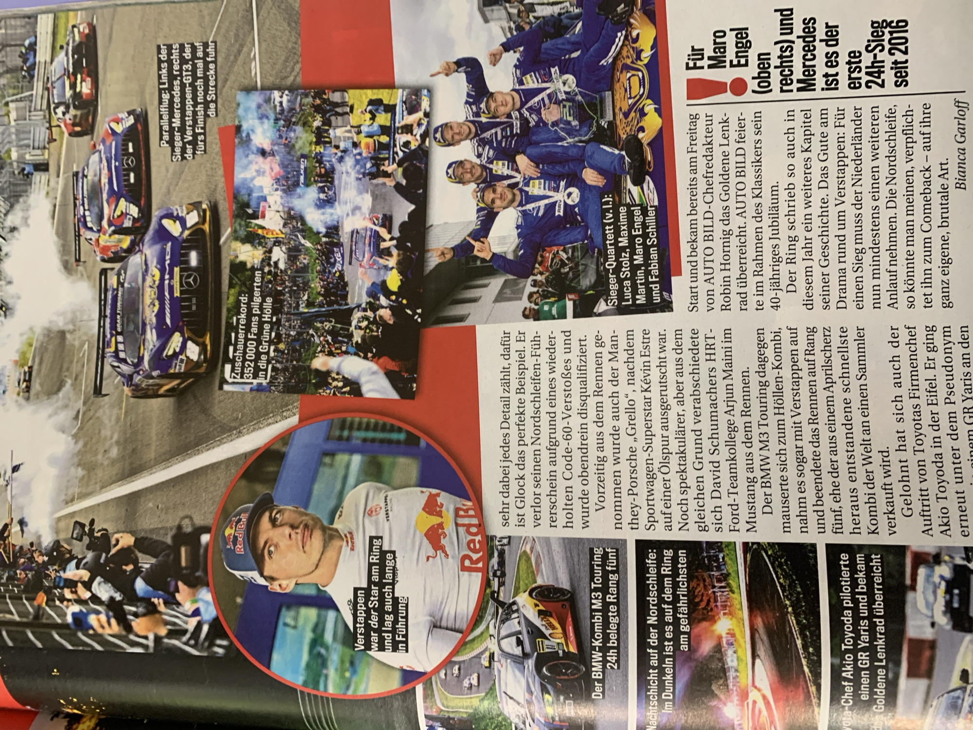 This media file is a magazine spread covering the Nürburgring 24-hour race, featuring multiple images and accompanying German text. The primary image, occupying the top left, displays two Mercedes-AMG GT3 race cars on the track, shown in a "parallel flight" as described by the text. The winning Mercedes (left, in purple and yellow livery) is depicted alongside Verstappen's GT3 car (right), which re-entered the track for the finish. Below this, a vibrant action shot shows a race car amidst a crowd of spectators, with red and blue smoke or flares indicating energetic fan activity. A headline nearby states "Zuschauerrekord: 352 000 Fans pilgerten in die Grüne Hölle" (Spectator record: 352,000 fans pilgrimaged to the Green Hell). On the top right, a prominent photograph captures the victorious quartet of drivers: Luca Stolz, Maxime Martin, Maro Engel, and Fabian Schiller, posing on a podium with trophies and medals, pointing proudly. The accompanying text identifies them as the "Sieger-Quartett" (Winning quartet) and notes that "Für Maro Engel (oben rechts) und Mercedes ist es der erste 24h-Sieg seit 2016" (For Maro Engel (top right) and Mercedes it is the first 24h victory since 2016). A large circular portrait of driver Verstappen, wearing a white Red Bull shirt and cap, is featured on the left, with text stating "Verstappen war der Star am Ring und lag auch lange in Führung" (Verstappen was the star at the Ring and led for a long time). Below Verstappen's portrait, a shot of a BMW M3 Touring car on the track is accompanied by the caption "Der BMW-Kombi M3 Touring 24h belegte Rang fünf" (The BMW M3 Touring 24h finished fifth). Further down, a dynamic image shows race cars on the Nordschleife during twilight or night, emphasizing the difficulty of "Nachtschicht auf der Nordschleife: Im Dunkeln ist es auf dem Ring am gefährlichsten" (Night shift on the Nordschleife: In the dark, it is most dangerous on the Ring). The bottom right section also details Toyota-Chef Akio Toyoda piloting a GR Yaris and receiving the "Goldene Lenkrad" (Golden Steering Wheel) award. The overall scene is one of intense motorsport action, fan enthusiasm, and driver triumph at the renowned Nürburgring Nordschleife. The text also mentions various incidents, including a driver's disqualification (Glock), an accident involving the Manthey-Porsche "Grello" (Kévin Estre), and Arjun Maini in a Ford Mustang. The event also celebrated a "40-jähriges Jubiläum" (40-year anniversary). Bianca Garloff is credited as