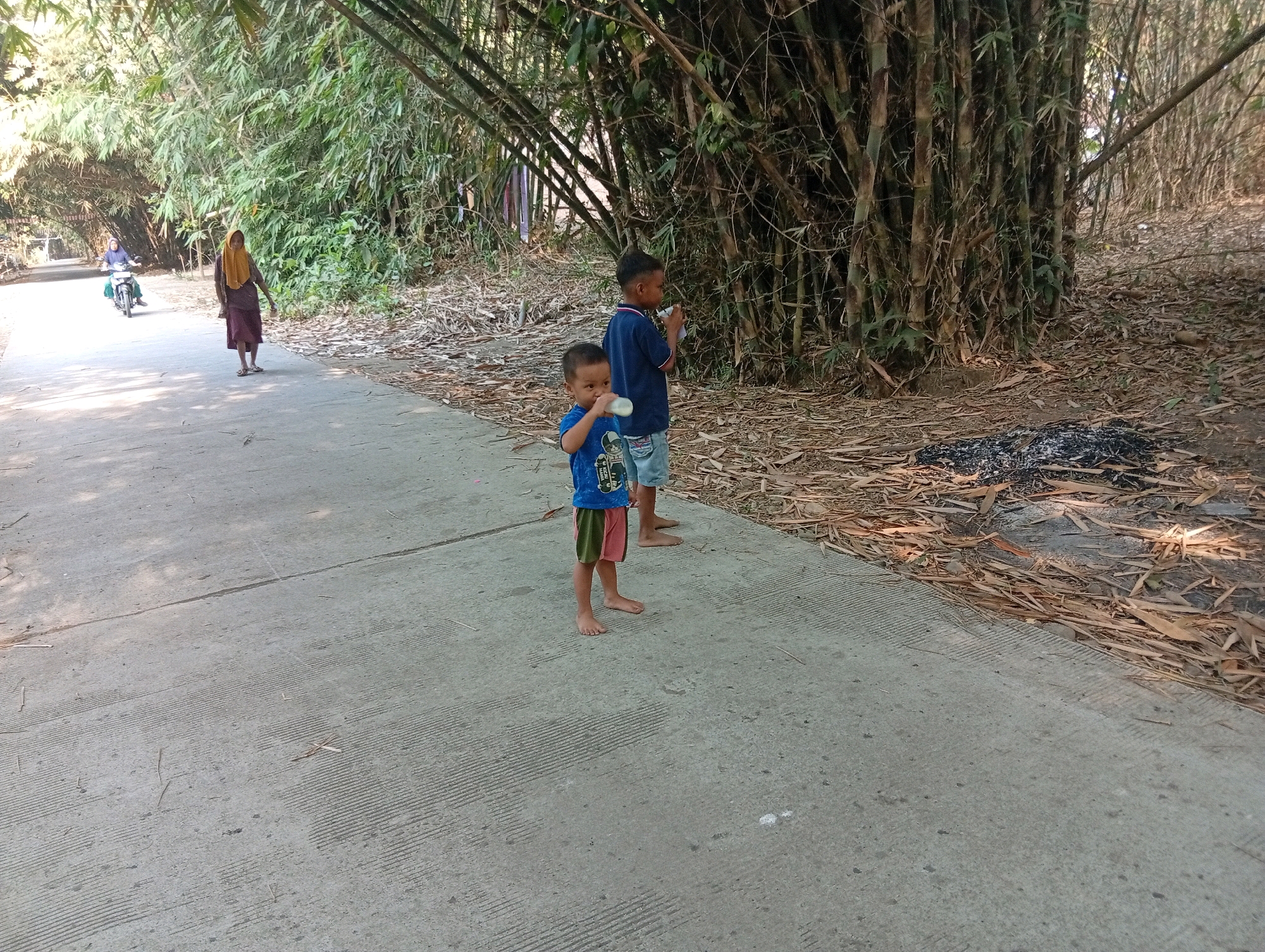 In Miritpetikusan, Indonesia, two young boys stand on a paved road bordered by dense bamboo trees and dry leaves. The boy in the foreground, wearing a blue t-shirt and patterned shorts, holds a white bottle to his mouth. Behind him, a slightly older boy in a blue shirt and shorts also appears to be drinking. To the left, a woman in a hijab and a long maroon skirt walks away from the viewer on the road, while a person on a motorbike is visible in the distance. The environment suggests a rural or semi-rural setting, with the bamboo forest dominating the background and dry foliage scattered on the ground.