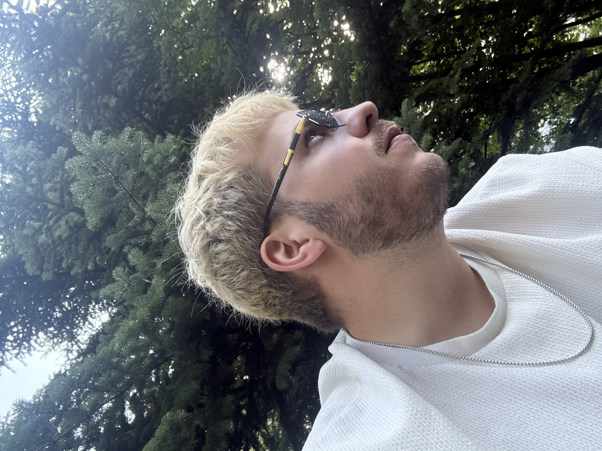 The image captures a close-up, angled side profile of a young man looking upwards, set outdoors. He has short, bleached blonde hair and a light, well-groomed beard. He is wearing distinctive black sunglasses with angular lenses and gold accents on the temples, which are pushed down slightly on his nose, revealing part of his eye. His attire includes a white, textured knit shirt and a slender silver chain necklace.
The background is dominated by a dense canopy of lush green coniferous trees, specifically appearing to be fir or pine, through which bright sunlight filters. This creates a dappled light effect on the scene and indicates a clear, sunny daytime. Patches of bright sky are visible through the gaps in the foliage. The man's upward gaze suggests a moment of contemplation or appreciation for his surroundings, possibly in a park or forested area within Sofia, Bulgaria. No text is visible in the media file.