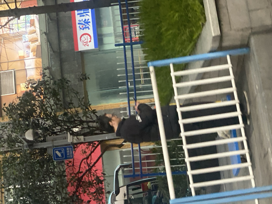 A person wearing a black jacket and pants stands near a blue and white climbing structure. Greenery is visible in the background. A sign in the distance displays Chinese characters and the number 24. The scene is an outdoor urban setting, possibly a park or recreational area. A tree with sparse foliage stands to the left, and a traffic sign is also present.