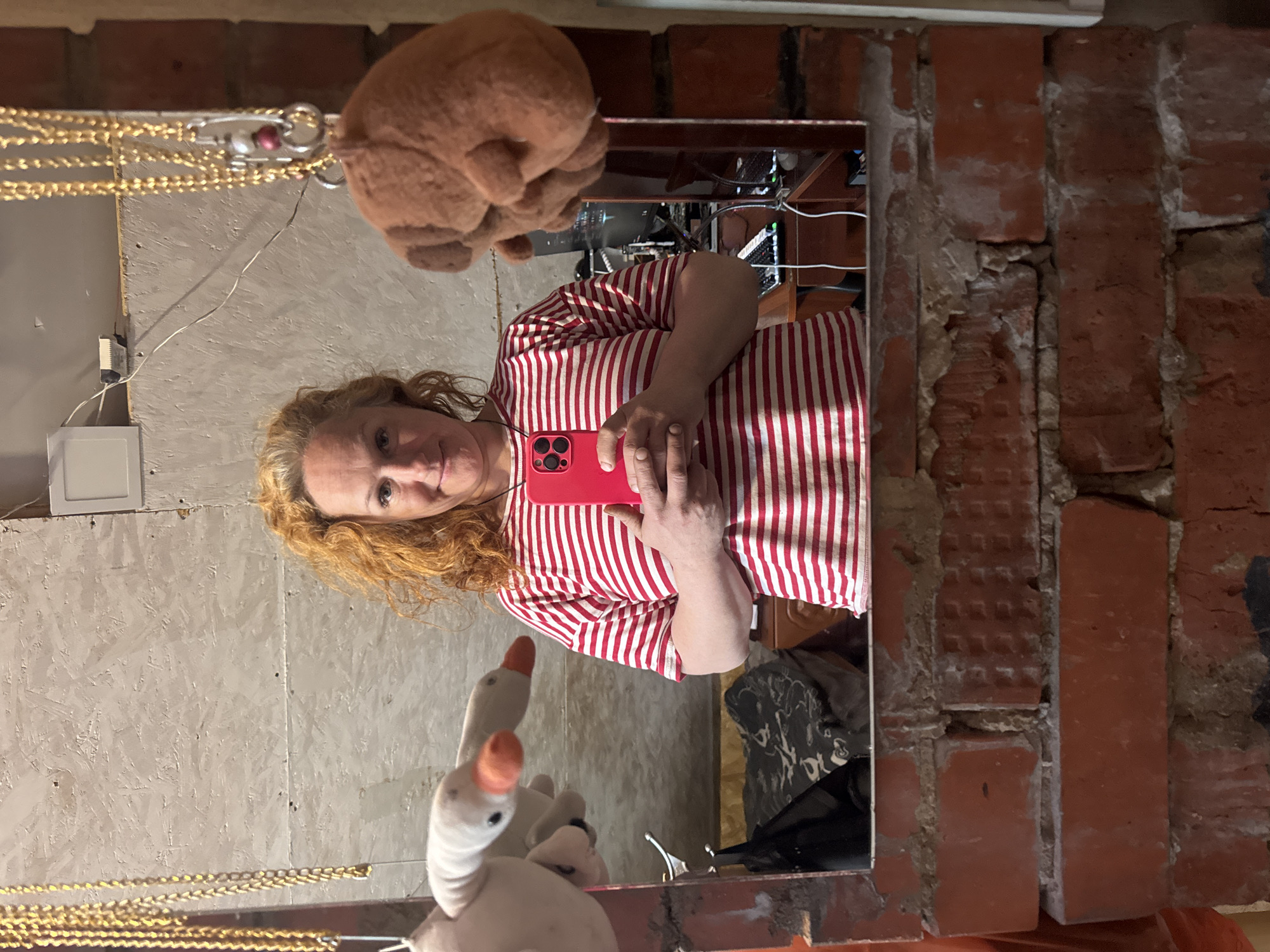 A woman with curly reddish-blonde hair is seen in the reflection of a mirror, holding a red smartphone. She wears a red and white striped shirt. Adjacent to her reflection is a stuffed goose. Above her, also reflected in the mirror, is a brown stuffed animal and a gold chain hanging down. The mirror is framed by a red brick structure on one side, contrasting with a textured wall on the other. The scene is set in a cluttered room, partially visible behind the woman's reflection. The location of this image is the city of Chaikovsky, Russia.