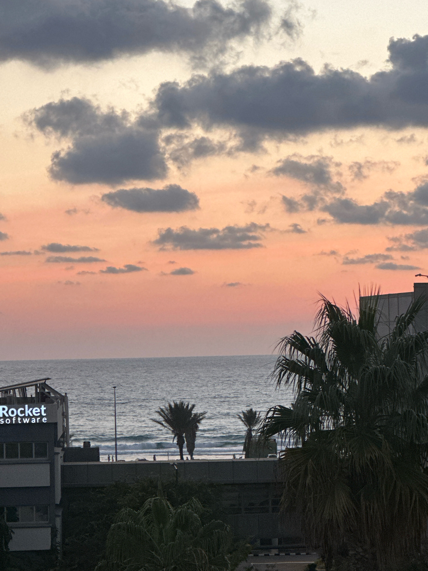 The image depicts a sunset over the Mediterranean Sea, viewed from an elevated position in the city of Haifa, Israel. The sky is a gradient of soft pinks and oranges near the horizon, transitioning to a pale yellow and then grey clouds towards the top of the frame. The sea is a muted grey-blue with small waves.
In the foreground, a modern building with the illuminated sign "Rocket software" is visible on the left side. To the right, a large palm tree with dark green fronds dominates the scene, obscuring part of another building. A walkway or rooftop terrace runs horizontally across the middle ground, separating the buildings from the sea. On this terrace, several figures are visible, appearing as small silhouettes against the backdrop of the ocean. Two palm trees stand on the terrace, closer to the sea. The overall atmosphere is tranquil and serene, capturing the end of the day in a coastal urban environment.