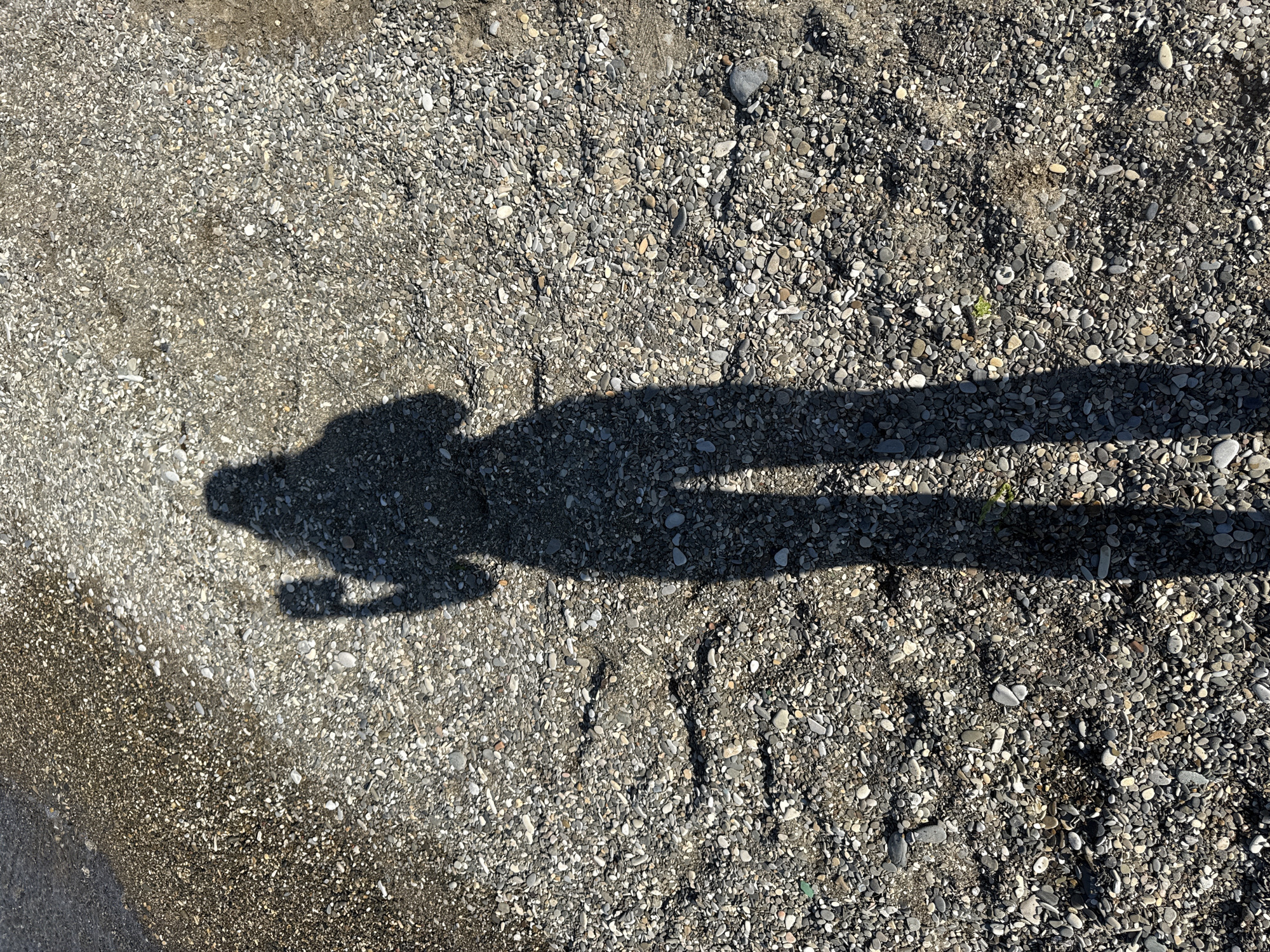 The image shows a shadow of a person holding a smartphone, cast on a pebble beach. The person appears to be taking a selfie. The beach is located in Dzhubga, Russia. The pebbles are of various sizes and colors, and there is some wet sand near the water's edge. The sun is shining, casting a long shadow.