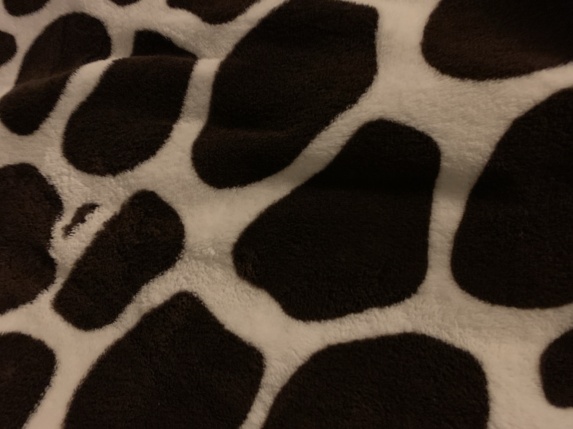The image displays a close-up, overhead view of a soft, plush fabric with a brown and white cow print pattern. The texture is fuzzy, with individual fibers visible, creating a slightly blurred effect. The pattern consists of irregular, rounded brown patches on a white background, reminiscent of a cow's markings. The lighting appears to be dim, casting subtle shadows and highlighting the texture of the fabric. There are no people, animals, or specific objects present in the scene, other than the fabric itself. The image does not provide any information about a specific location within Чыжэвіцкі сельскі Савет, Belarus, as it is a generic pattern.