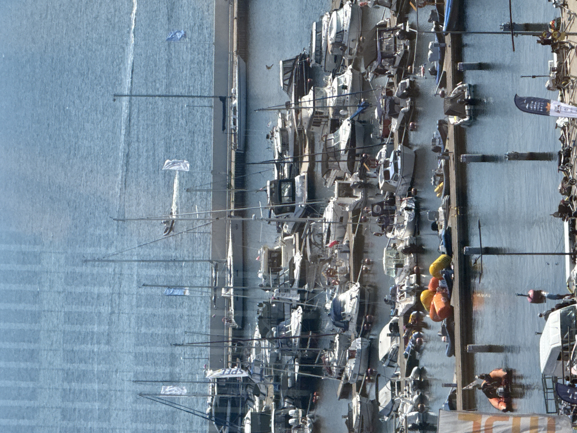 The image shows a crowded marina in Gdynia, Poland, filled with various types of boats, from small sailboats to larger motor yachts. The water is calm, reflecting the blue sky and the masts of the vessels. Several boats are docked at wooden piers, while others are moored in the open water. Some people can be seen on the decks of the boats, tending to ropes and equipment. A few individuals are also visible on the piers, walking or standing near their vessels. In the background, a long concrete pier runs along the edge of the marina, with more boats docked alongside it. A few flags are flying from some of the boats, adding splashes of color to the scene. The overall impression is one of a busy maritime hub, with a lively atmosphere of activity and recreation.