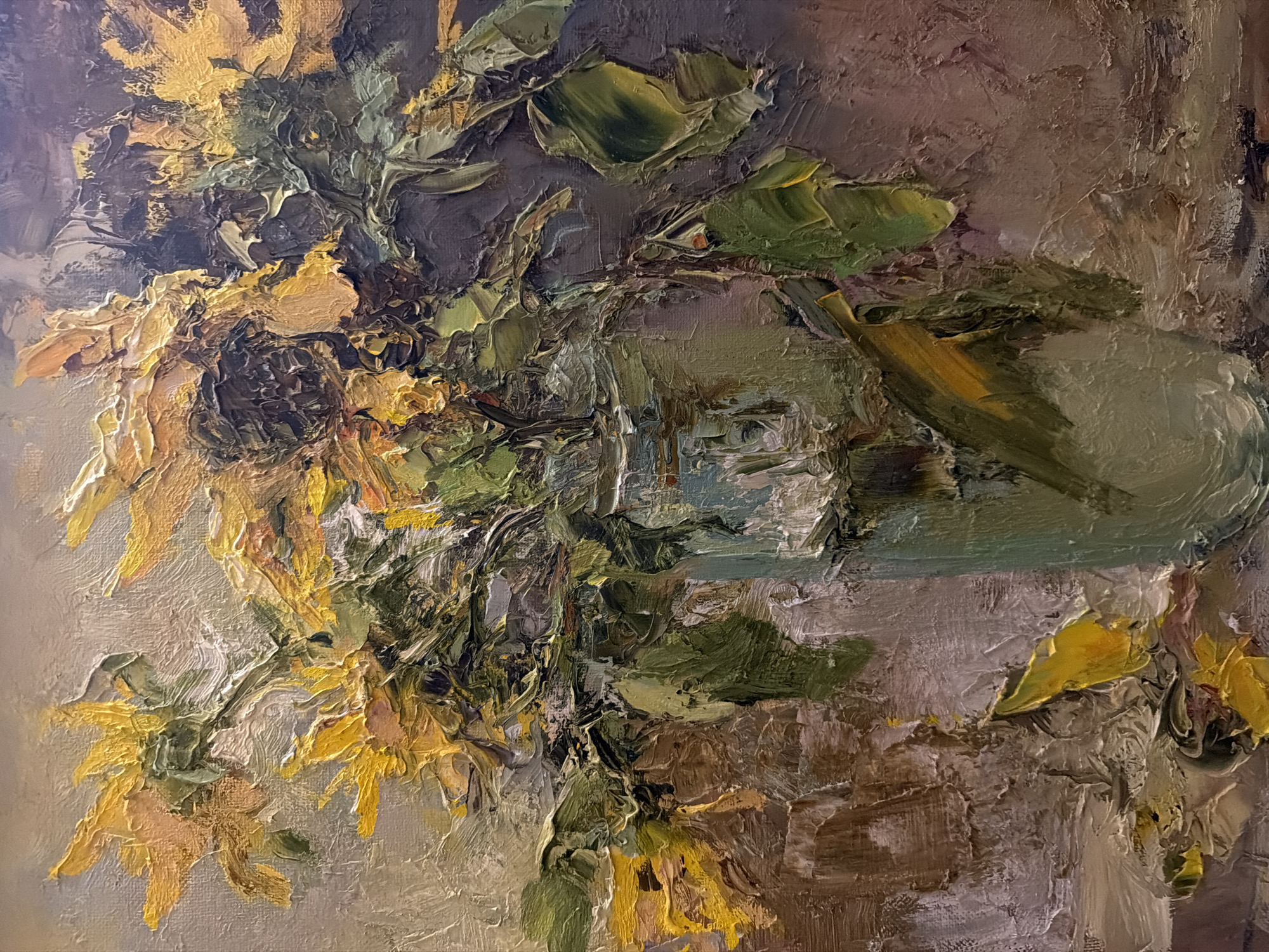 The image is an oil painting depicting a still life of sunflowers in a vase. The sunflowers are rendered with thick, textured brushstrokes, primarily in shades of yellow and green. The vase is indistinct, appearing as a mass of green and grey paint. The background is a muted blend of brown, grey, and green tones. The painting employs an impressionistic style. The location, Levkovo, Russia, is not directly evident within the image itself, making it an external piece of information rather than an intrinsic element of the depicted scene. There are no people in the image, and the subject is limited to the sunflowers, vase, and background. The primary action is the act of displaying the sunflowers in a vase.