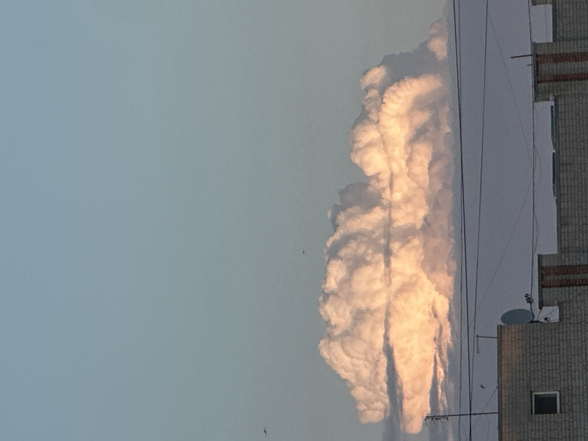 A fluffy, illuminated cloud formation dominates the center of the frame against a pale blue sky. The cloud is lit from the side, creating a warm, peachy glow on its textured surface. In the upper left and right quadrants of the sky, two small, dark objects that appear to be birds are visible. Below the cloud, a dark, indistinct horizon line separates the sky from the cityscape. The lower portion of the image shows the tops of buildings constructed from light-colored bricks. One building has a small, dark square window on its left side. A satellite dish is visible on the roof of another building, along with various wires and antennas stretching across the scene. The overall impression is of an urban landscape at dusk or dawn.