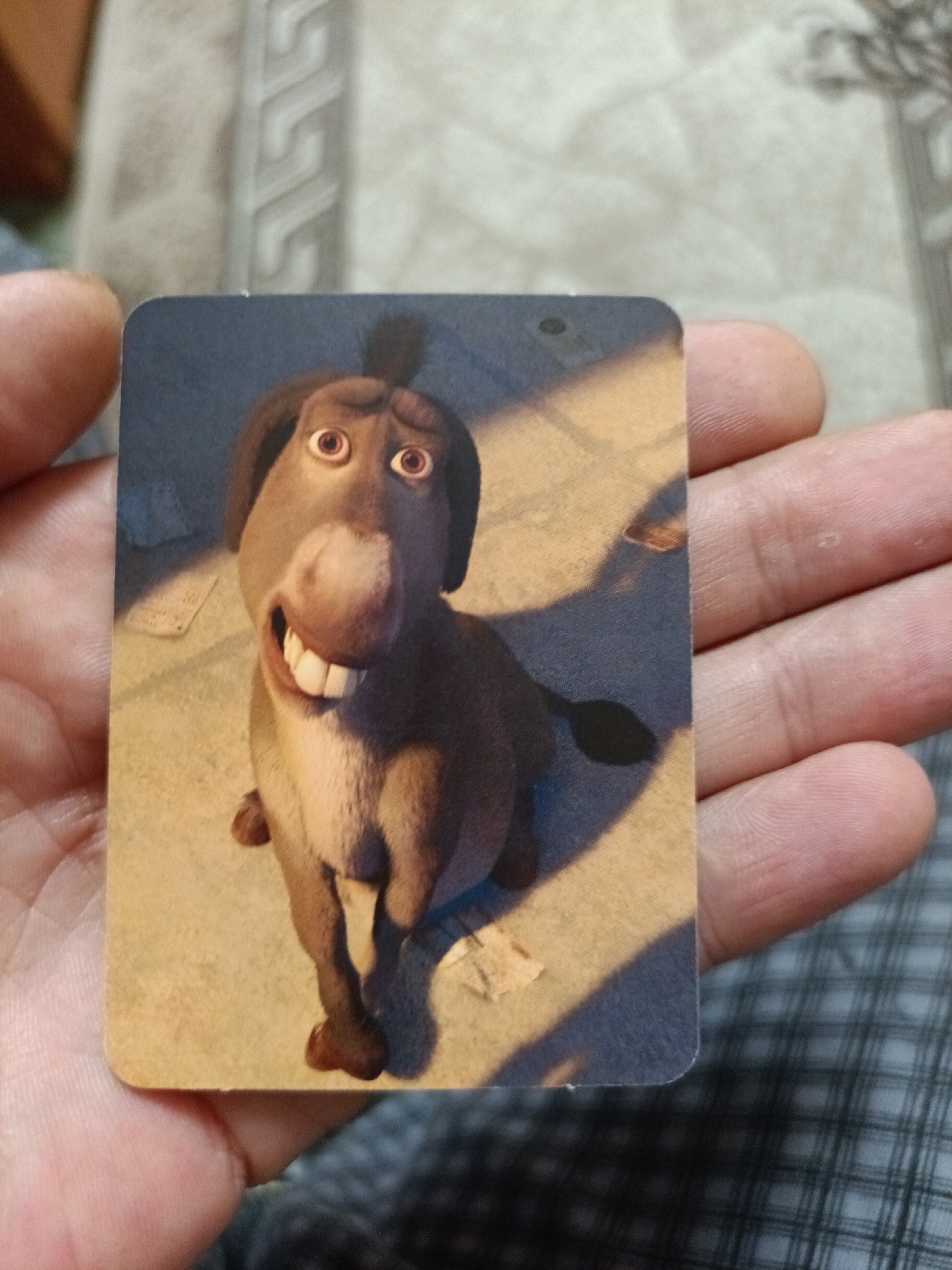 A close-up shot shows a person's fingers holding a rectangular trading card featuring a cartoon donkey with wide eyes and a large grin. The card has rounded corners and is placed over a textured background. The donkey character appears to be from the Shrek franchise. The lighting casts a shadow of the donkey onto the background. The image does not provide any information about the location in the city of Nyagan, Russia.