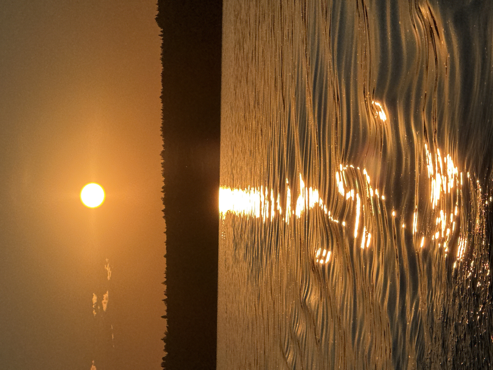 The image displays a sunset scene over a body of water in Votkinsk, Russia. The upper portion of the frame is dominated by an orange-yellow sky, featuring a bright, circular sun located slightly above the center-right. Small, wispy cloud formations are visible to the left of the sun. A dark, silhouetted line of dense forest occupies the horizon, separating the sky from the water. The water surface exhibits numerous ripples and waves, which capture and reflect the sun's light, forming an elongated, shimmering path of bright, fragmented reflections extending from the horizon towards the foreground. No individuals, boats, or man-made structures are present within the frame.