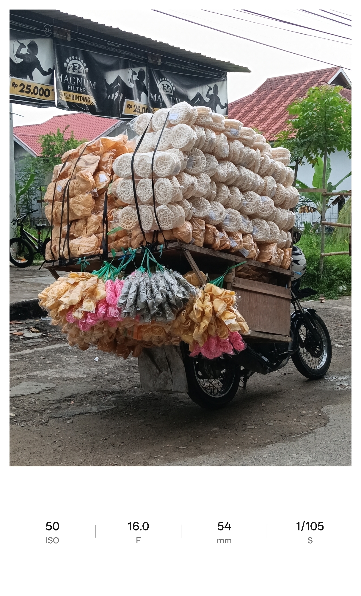 The image depicts a motorcycle overloaded with what appears to be stacks of packaged crackers. The crackers are arranged in large piles on a wooden platform attached to the motorcycle. Some packages of crackers hang down from the platform, with visible pink, beige, and gray hues. The motorcycle is parked on a wet, paved road. In the background, there are buildings, including a house with a red tile roof and commercial establishments with advertisements on the roof. There is also a bicycle parked nearby. The advertisement visible contains the text "MAGNUM FILTER" and a price of "Rp 25.000." The image was taken with an ISO of 50, an aperture of f/16.0, a focal length of 54 mm, and a shutter speed of 1/105 seconds.