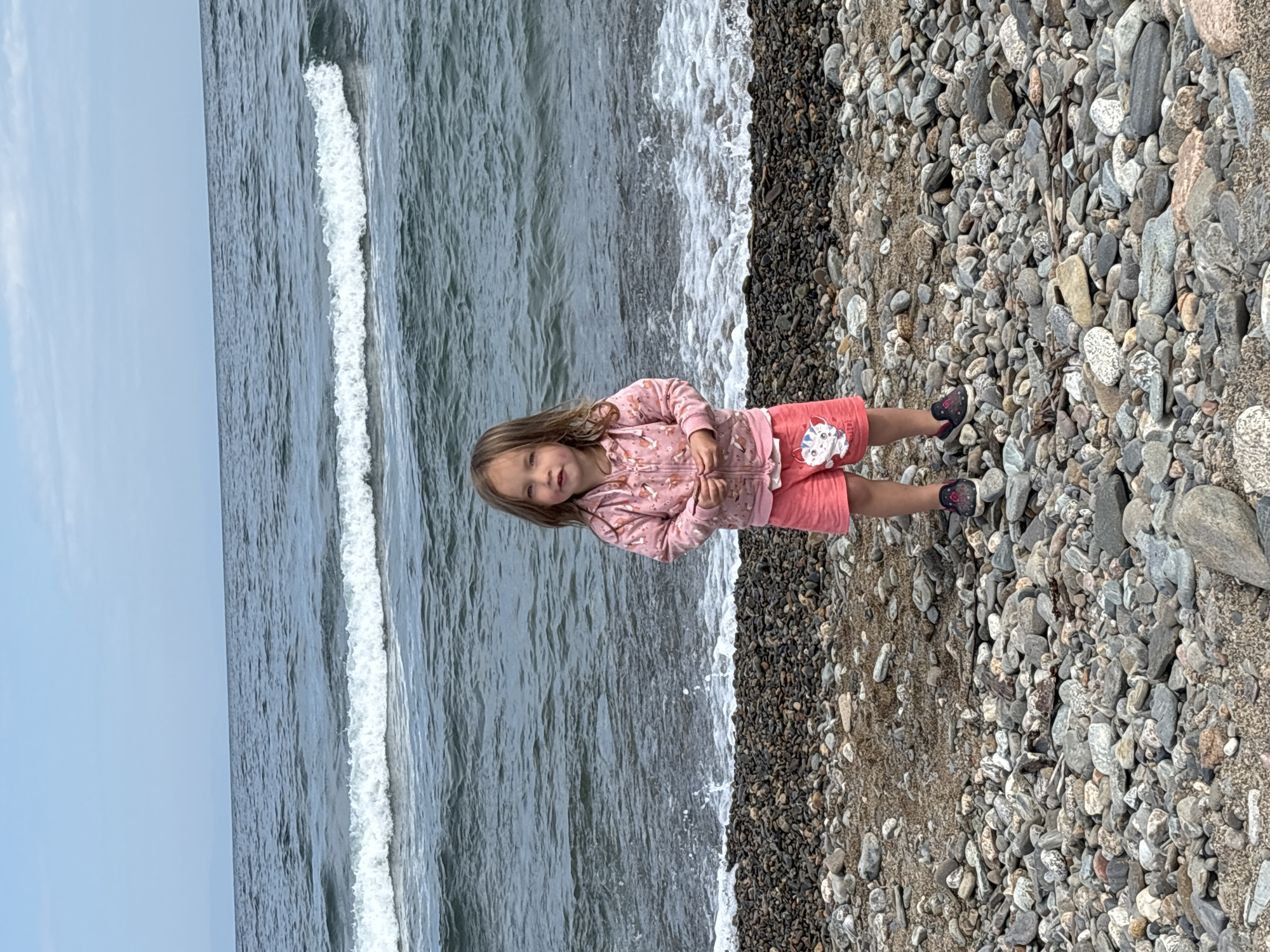 A young girl stands on a rocky beach facing the camera, with waves of a large body of water behind her. She has light brown hair and is wearing a pink hooded jacket with a unicorn design and pink shorts with a cat print. The beach is covered in various sizes of grey and brown stones. The sky is pale blue with some clouds. The image does not provide enough information to determine the city of Rechka Mishikha, Russia.