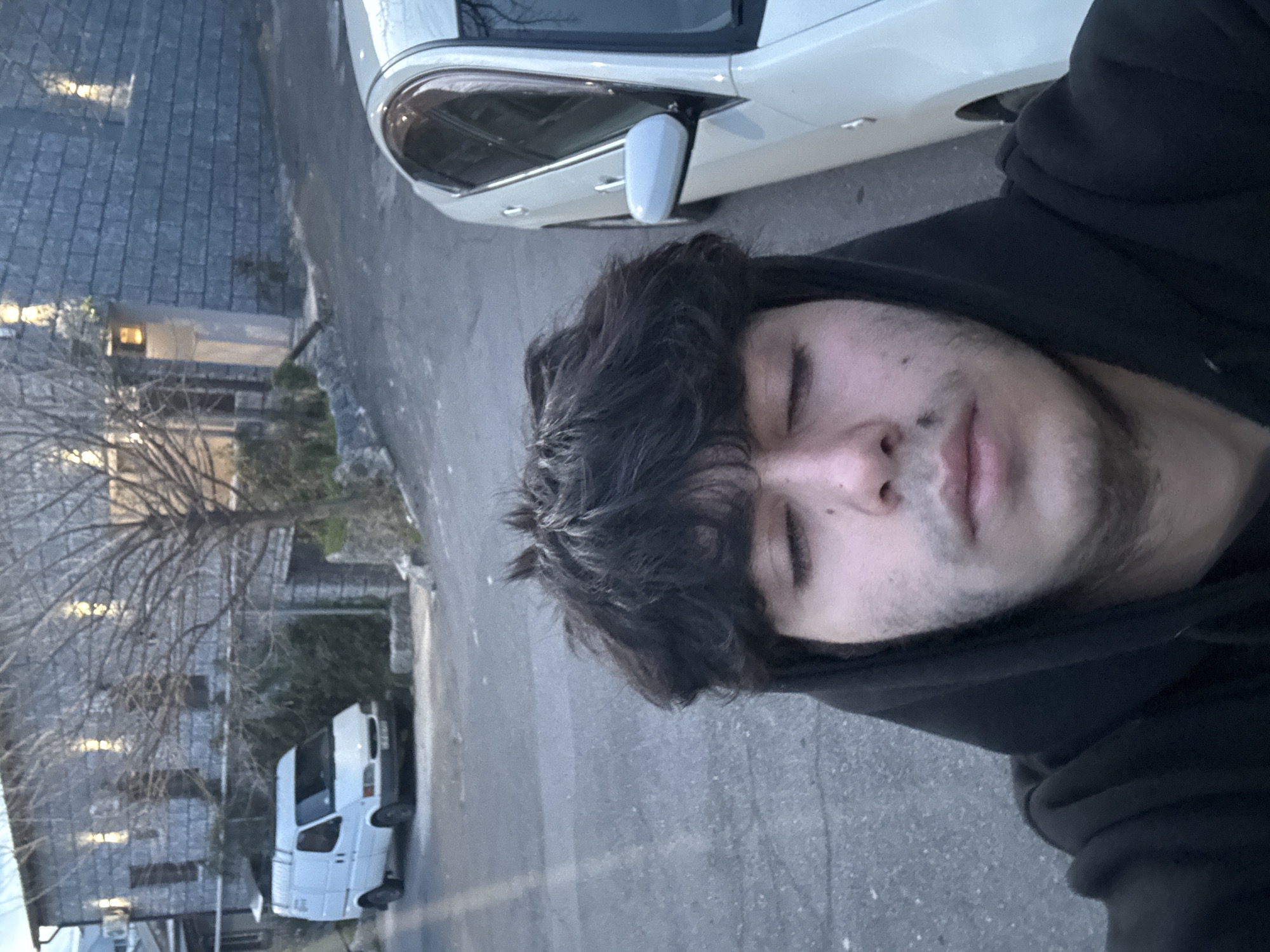 A selfie taken by a person with dark hair and stubble, wearing a black hooded sweatshirt. The person appears to be standing on a street, with a white car partially visible in the upper portion of the frame. A white van is parked in the background, along with a building and bare trees. The street and sidewalks are paved with gray asphalt and light colored stone tiles. The image does not provide sufficient visual information to determine that it was taken in Yerevan, Armenia.
