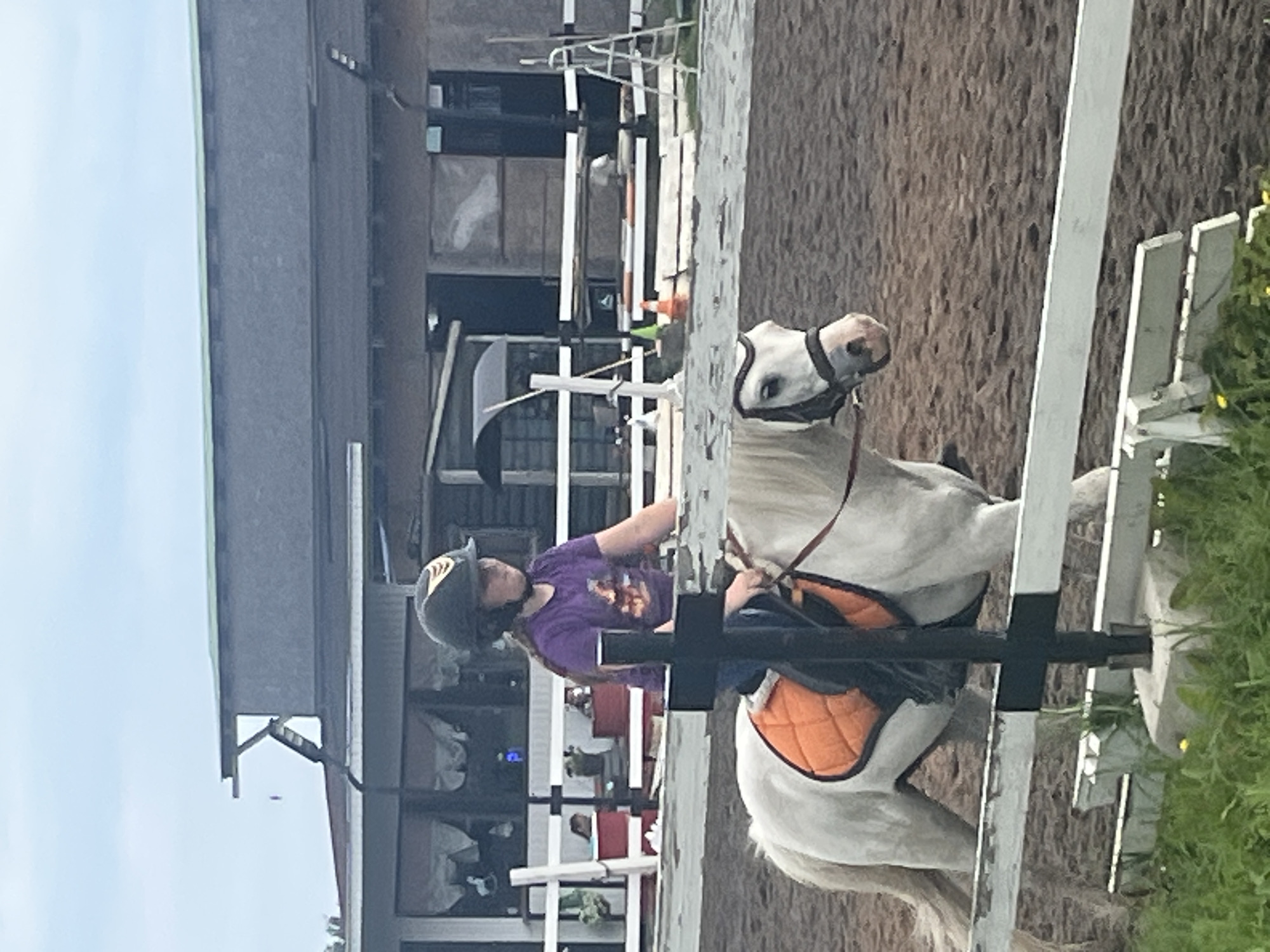 In an outdoor equestrian arena, a young Caucasian female rider, wearing a purple t-shirt and a dark helmet with yellow accents, is seated on a white pony. The pony is equipped with an orange saddle pad and a black bridle. The rider's hands are holding the reins, and she appears to be looking forward. The arena surface is composed of brown dirt. In the background, a multi-story building with a dark, textured facade and a green roof is visible. The building has several windows, some of which are covered with white fabric. A white fence encloses the arena, and beyond the fence, there are various structures including white posts, white railings, orange cones, and a silver ladder. The sky is overcast and a pale blue. The image appears to have been taken in Vladimirovka, Russia.