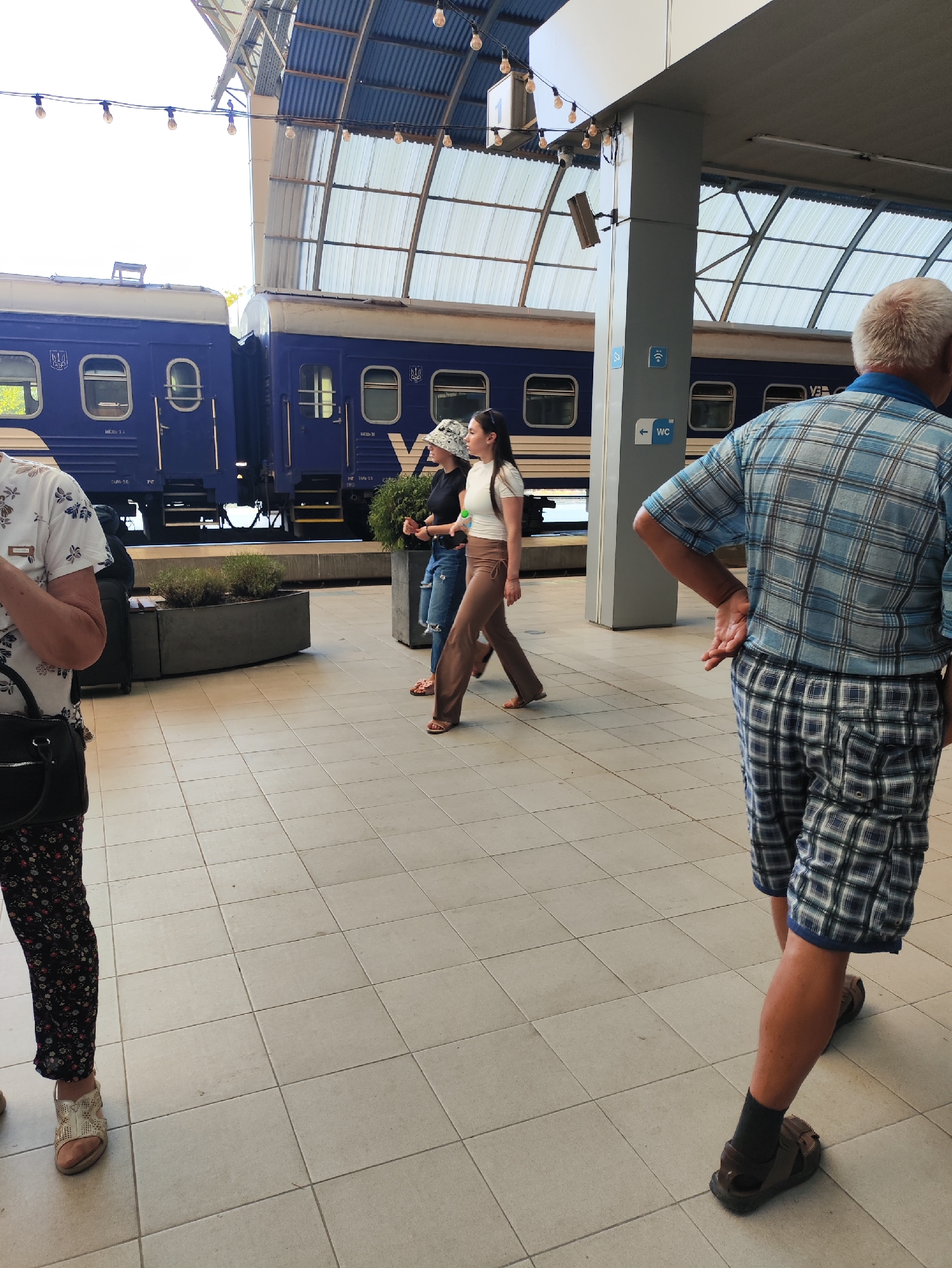 The image depicts a scene at a train station platform. The platform is paved with light-colored square tiles. A blue train with white detailing is visible on the tracks, its windows and doors appearing to be closed. A covered walkway with a corrugated metal roof is supported by pillars. Overhead, string lights are hung.
In the foreground and midground, several individuals are present. On the left, a person wearing a white short-sleeved shirt with a floral pattern and black pants with a floral print is partially visible. They are wearing gold sandals and carrying a black handbag. To their right, a woman wearing a white crop top and brown pants walks away from the camera, accompanied by another person in a black top and ripped blue jeans, and a woman wearing a white patterned hat and a black top. Further to the right, a man with gray hair is seen from behind, wearing a blue and white plaid short-sleeved shirt and matching plaid shorts, with black socks and brown sandals.
On a pillar in the midground, a blue sign with white symbols indicates "WC" with an arrow pointing left, and another symbol representing WiFi. A plant in a rectangular planter is situated between the train and the platform. The overall environment suggests an outdoor, covered area of a transportation hub.
There is no specific visual information in the image to identify the location as Chișinău, Moldova.