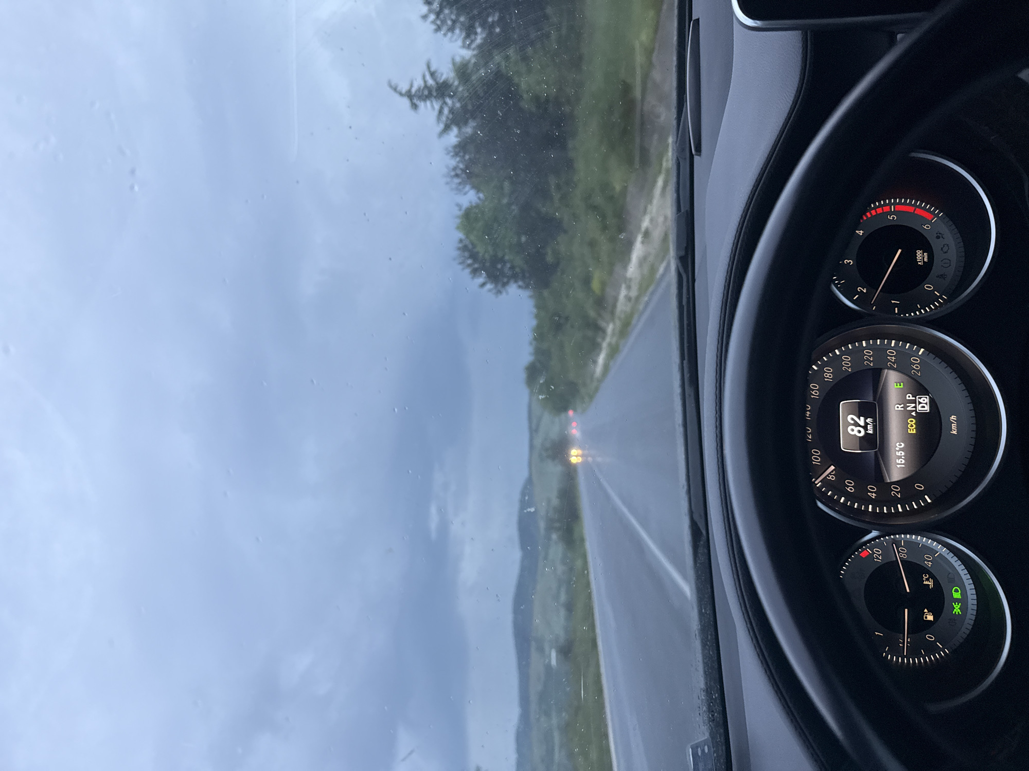 The image, taken from inside a vehicle, shows a driver's perspective on a rainy road in Pesnopoy, Bulgaria. The car's dashboard is visible with the speedometer reading 82 km/h. The road ahead is wet with light rain falling. There are trees and vegetation on either side. There is one vehicle visible ahead.