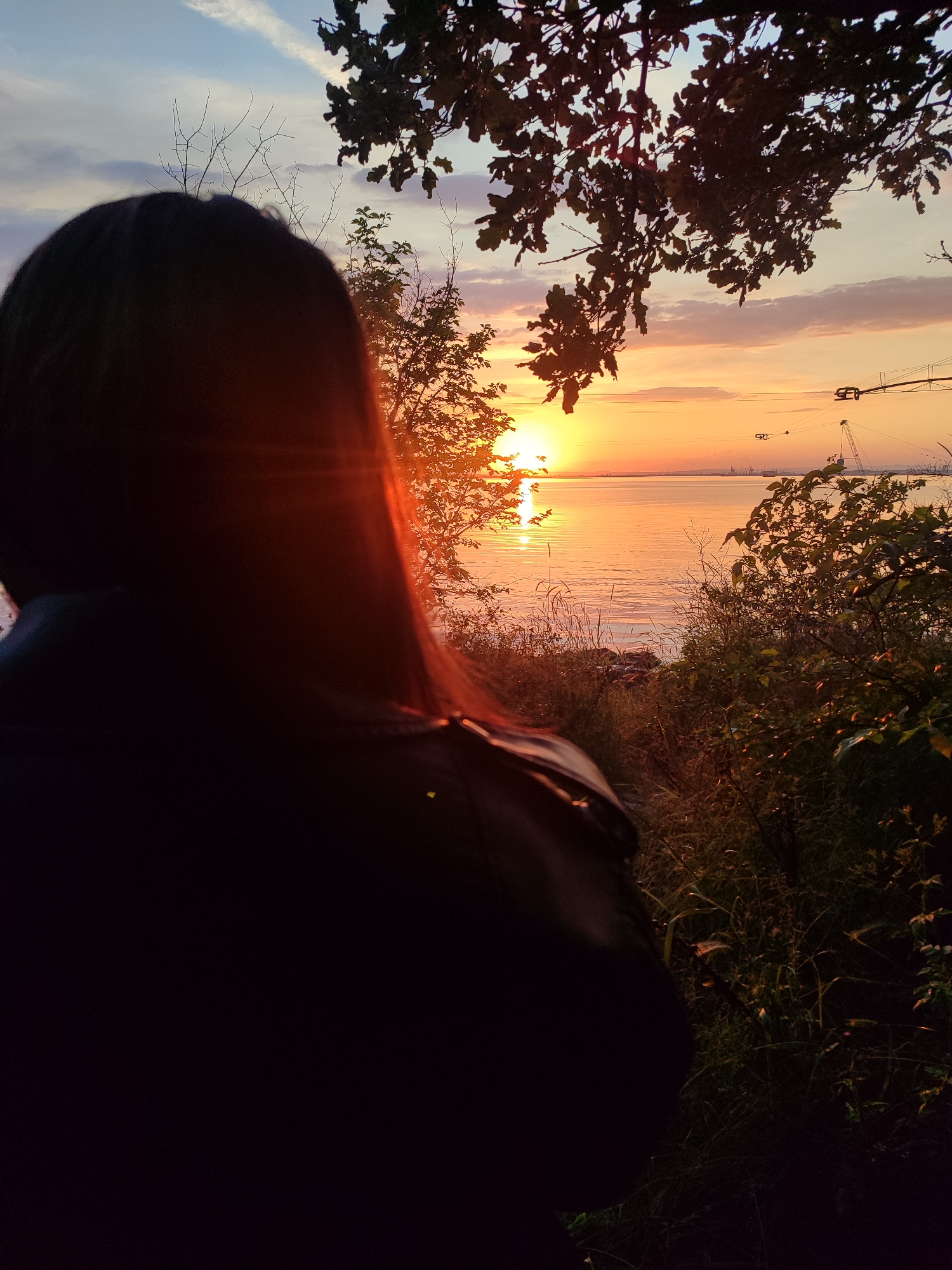 A person with long dark hair and wearing a black jacket stands with their back to the viewer, partially obscuring the scene. The focus is on a sunset over a body of water, likely the Black Sea. The sun is low on the horizon, casting an orange glow over the water and the surrounding vegetation. Trees and bushes frame the scene, with some branches overhead. In the distance, industrial structures like cranes and possibly a port are visible on the horizon. Based on the visible elements, the location is likely a coastal area near Burgas, Bulgaria, potentially a park or natural area overlooking the Burgas Bay.