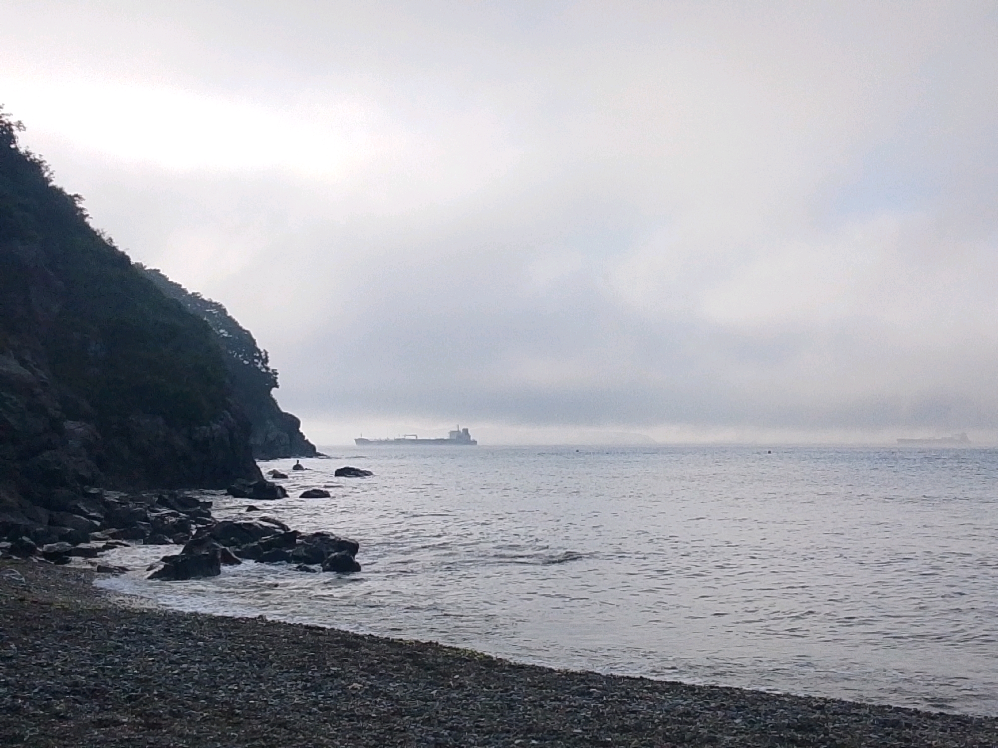 The image depicts a rocky shoreline with the sea and a foggy sky. On the left side, a dark, tree-covered cliff slopes down to the water. The foreground is a beach covered in pebbles and rocks, with some larger rocks scattered in the shallow water. In the distance, a large cargo ship is visible, silhouetted against the hazy sky. The water is calm with gentle waves lapping at the shore. The overall atmosphere is overcast and serene. The scene is consistent with the coastline of Nakhodka, Russia, which is known for its rugged shores, numerous bays, and maritime activity, often experiencing foggy conditions.