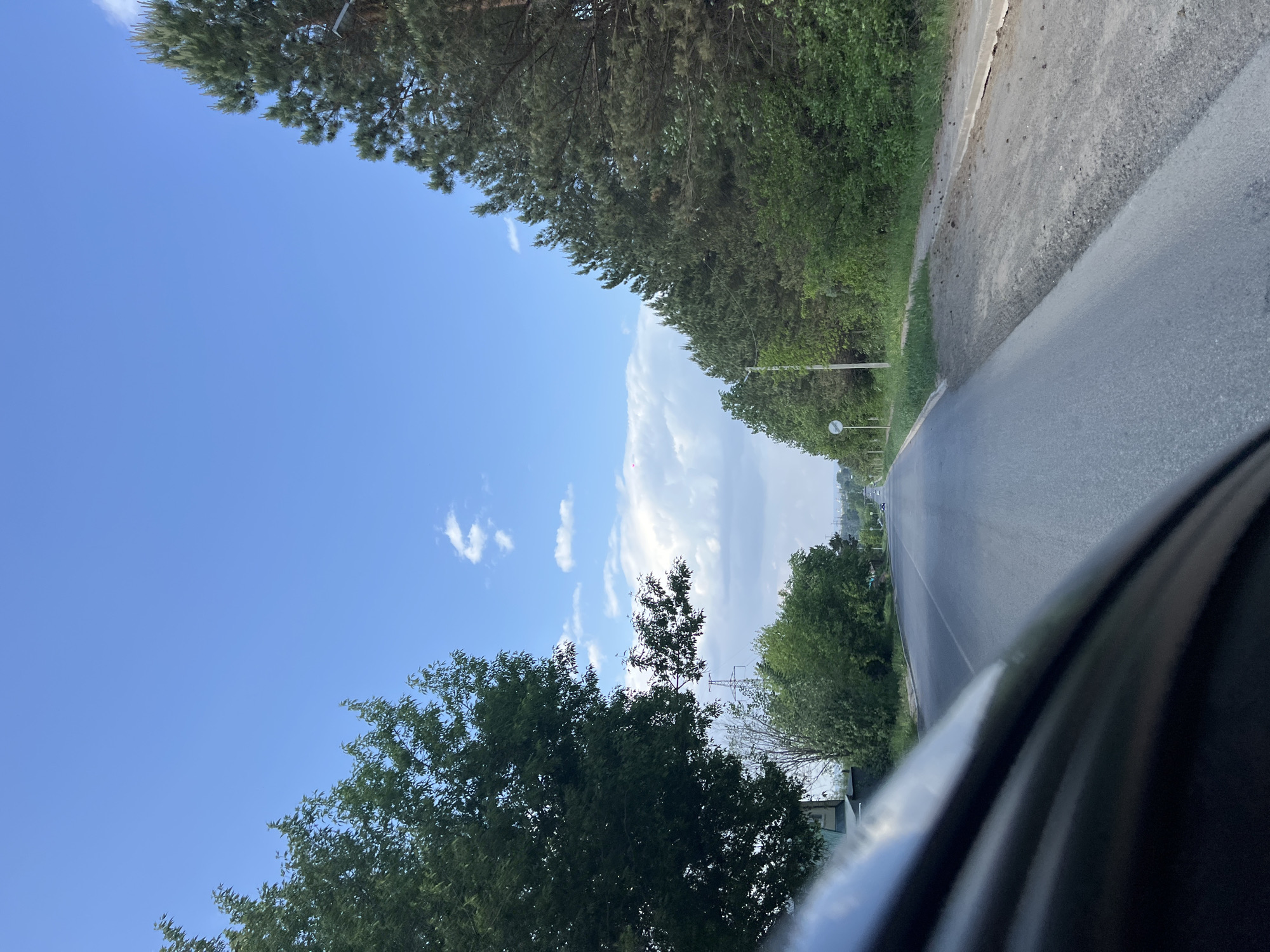 The image shows a road winding through a rural or suburban area. The road surface is asphalt, and there's a strip of gravel or dirt alongside it. Dense foliage, consisting of trees and greenery, lines both sides of the road. The sky is blue with scattered clouds. The photograph was likely taken from inside a vehicle, as part of the car's interior is visible in the foreground. There is insufficient information to confirm it is the city of Chaikovsky, Russia.