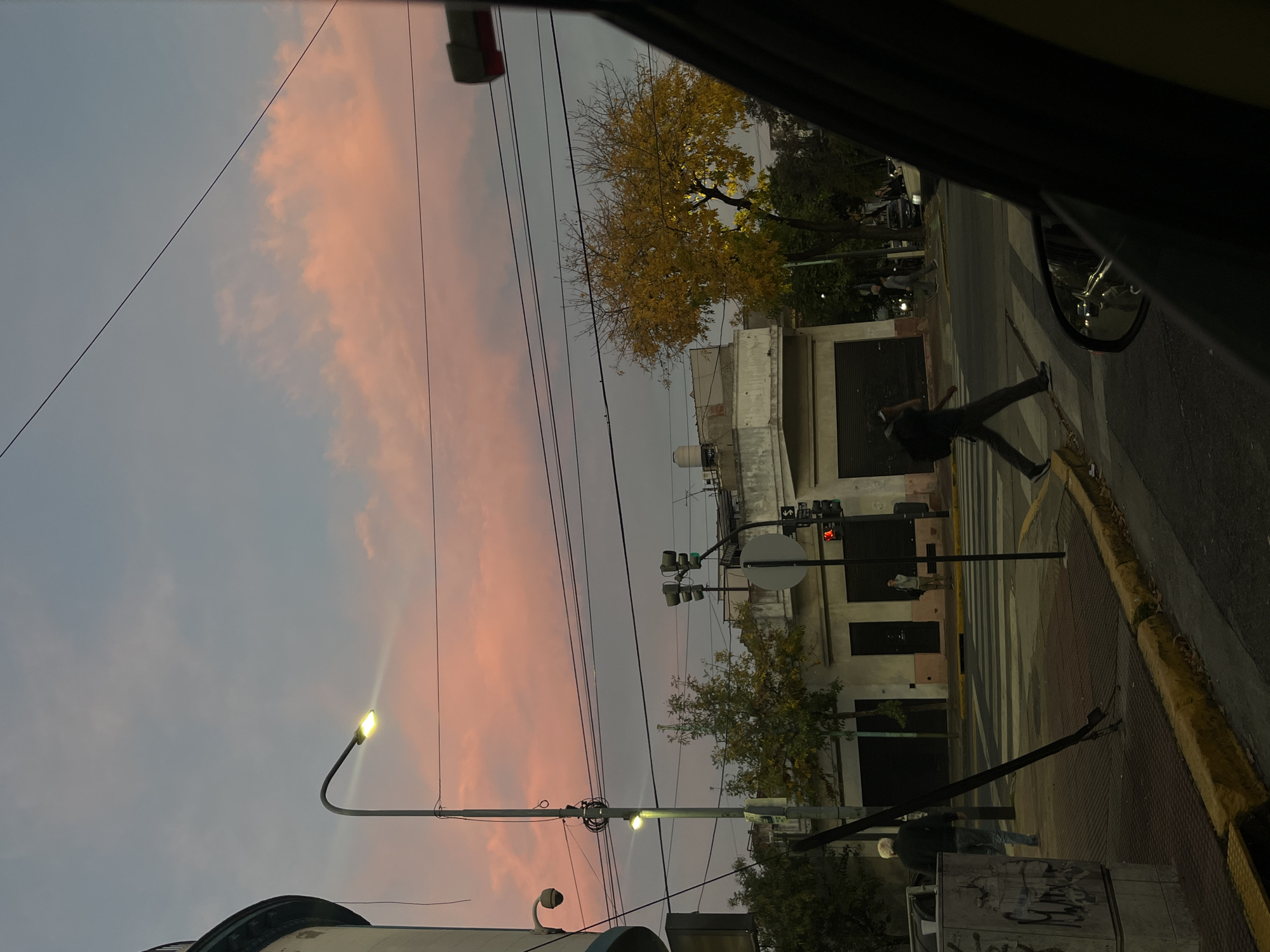 Captured from within a vehicle, the image depicts a street scene in Buenos Aires, Argentina, at dusk. The sky is tinged with pink hues. A pedestrian is crossing the street at a zebra crossing. Traffic lights are visible. Buildings line the street, with trees interspersed. A street lamp is illuminated. Power lines crisscross the sky. The image appears to be taken through the window of a car.