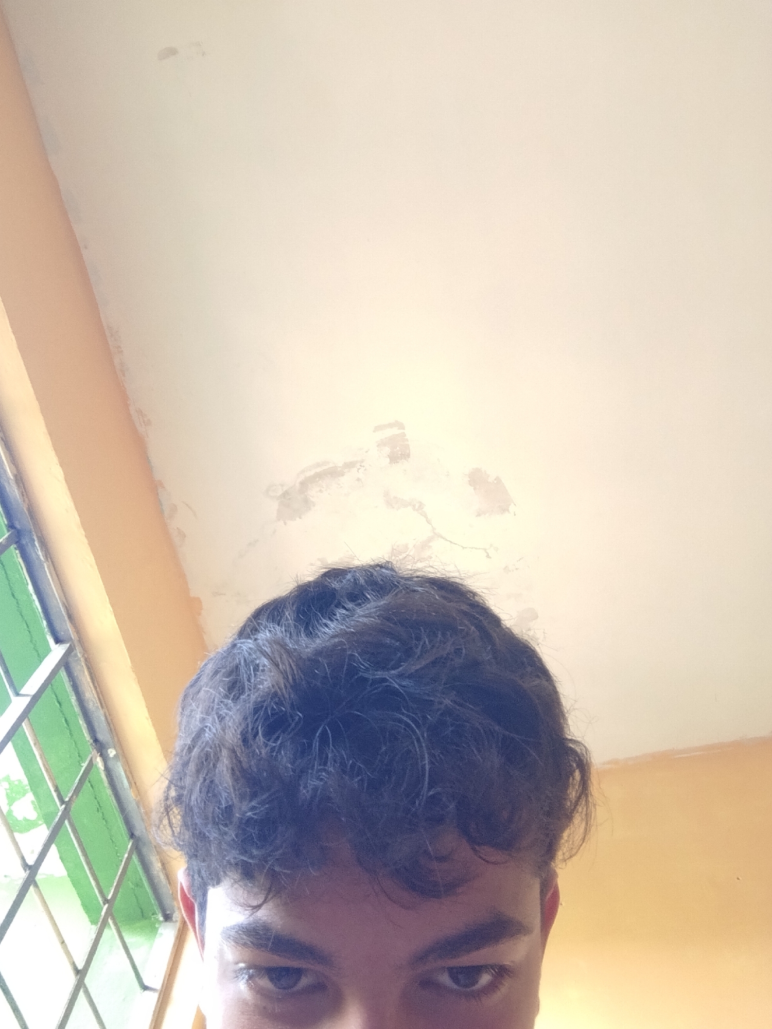 A close-up, low-angle shot shows the top of a young person's head and their eyes, looking upwards. They have dark, curly hair. The background is a textured, off-white ceiling with several water stains. To the left, a portion of a window with a green, gridded structure is visible, next to a wall painted in a peachy-orange hue. The overall impression is of an indoor environment, possibly a residential building in Santa Ana, Venezuela, with signs of wear and tear on the ceiling.