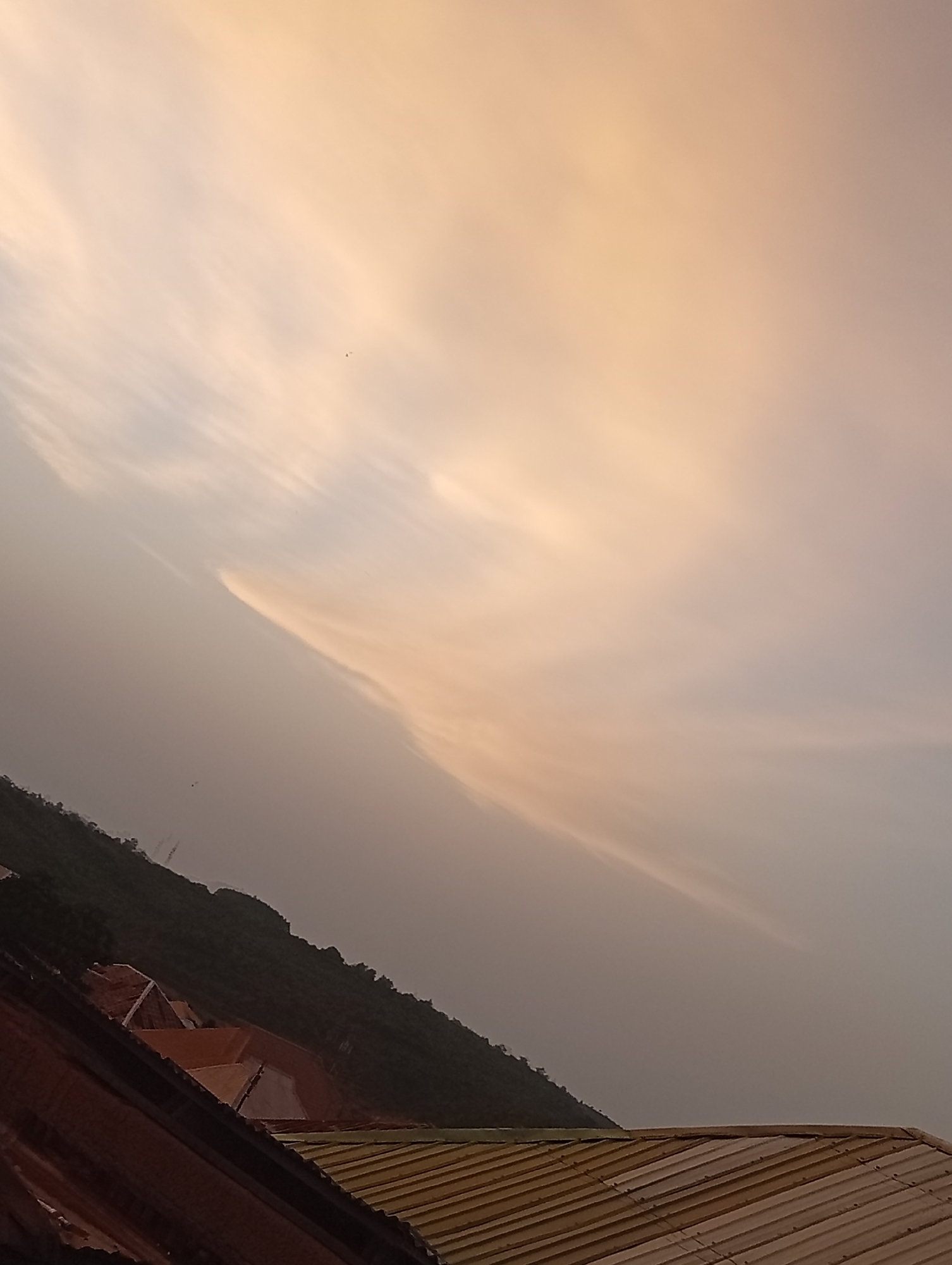 The image is a low-angle shot taken in Jos, Nigeria. In the foreground are rooftops with corrugated metal sheets, colored brown, tan, and reddish-brown. Behind the rooftops, a densely vegetated hillside rises up, covered in dark green trees. The sky takes up most of the image. It’s filled with light clouds, primarily pale yellow, peach and grey in color. The atmosphere looks dusky, possibly due to a setting sun or haze. A few faint power lines are visible on the hillside. A single bird is visible in the sky.