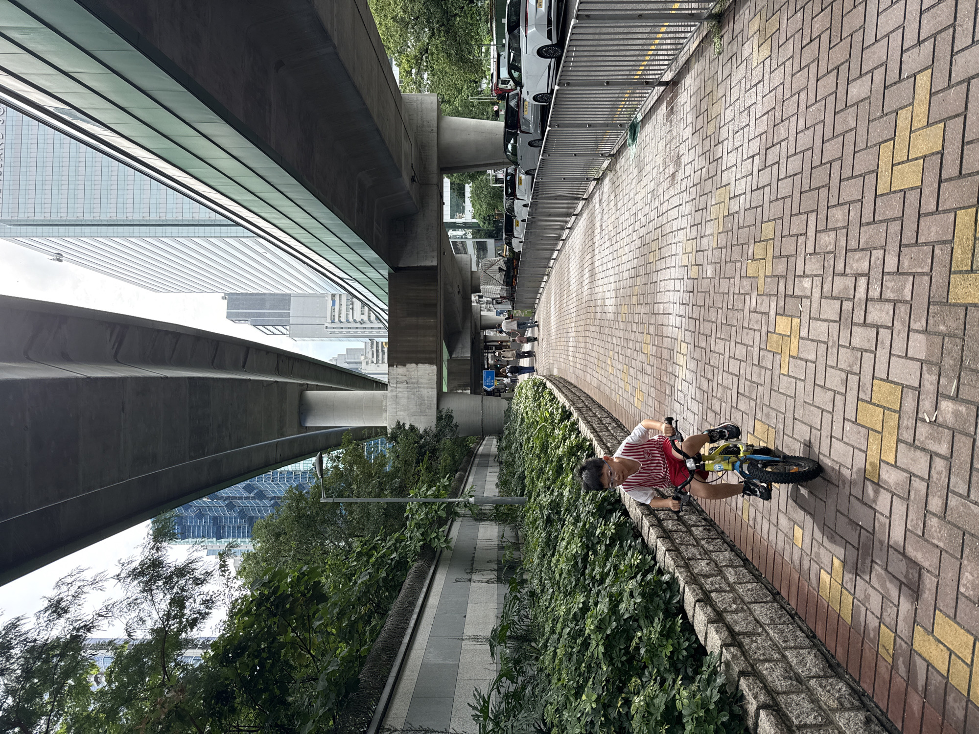 A street scene in Hong Kong, China shows a boy riding a small bicycle on a sidewalk. He is wearing a red-and-white striped shirt and red shorts. The sidewalk is paved with a herringbone pattern of gray and yellow bricks. A low brick wall lined with green plants runs along one side of the sidewalk. An elevated highway structure looms overhead. Cars are parked along the street beyond the sidewalk. Buildings are visible in the background between the support columns of the elevated highway. A group of people are walking in the distance under the highway.
