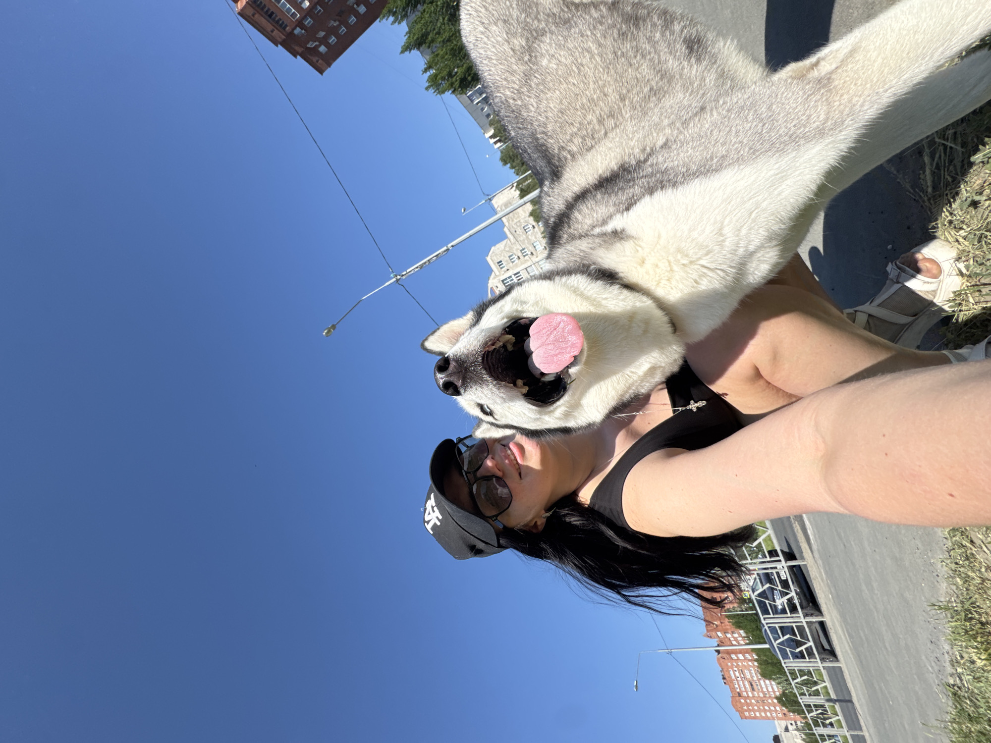 A street-level selfie shows a fair-skinned woman with long black hair, sunglasses, and a black baseball cap with a white logo standing next to a gray and white husky-type dog in an unidentified city. The woman is wearing a black top and a silver necklace. The dog has its mouth open and tongue out. Buildings are visible in the background, along with a street, sidewalk, and grassy area. Street lights are also visible.