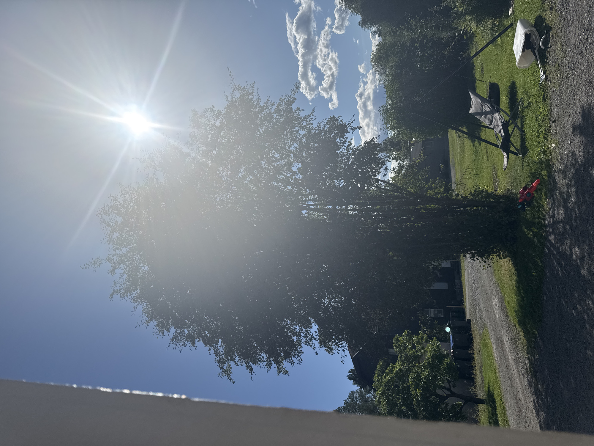 The image depicts a bright, sunny day in Moelv, Norway. The sun is a dominant feature, positioned high in the sky and emitting strong rays, causing a lens flare effect that washes out much of the central portion of the image. A large tree stands prominently in the foreground, its leaves silhouetted against the bright sky.
To the left, a portion of a white structure, possibly a wall or building facade, is visible at the edge of the frame. Behind the tree, a dark-colored house with a roof is partially obscured. A gravel driveway leads away from the foreground, with several dark-colored trash bins lined up on the left side of the drive. To the right of the driveway, a green lawn is visible, dotted with bushes and trees.
On the lawn, a black folding chair is set up, and a small bucket or container lies on its side next to it. Two red toy water guns are placed on the grass near the chair. A metal swing set structure is also present on the right side of the lawn. The background reveals more greenery and houses, suggesting a residential area. The sky is a clear blue, punctuated by scattered white clouds.