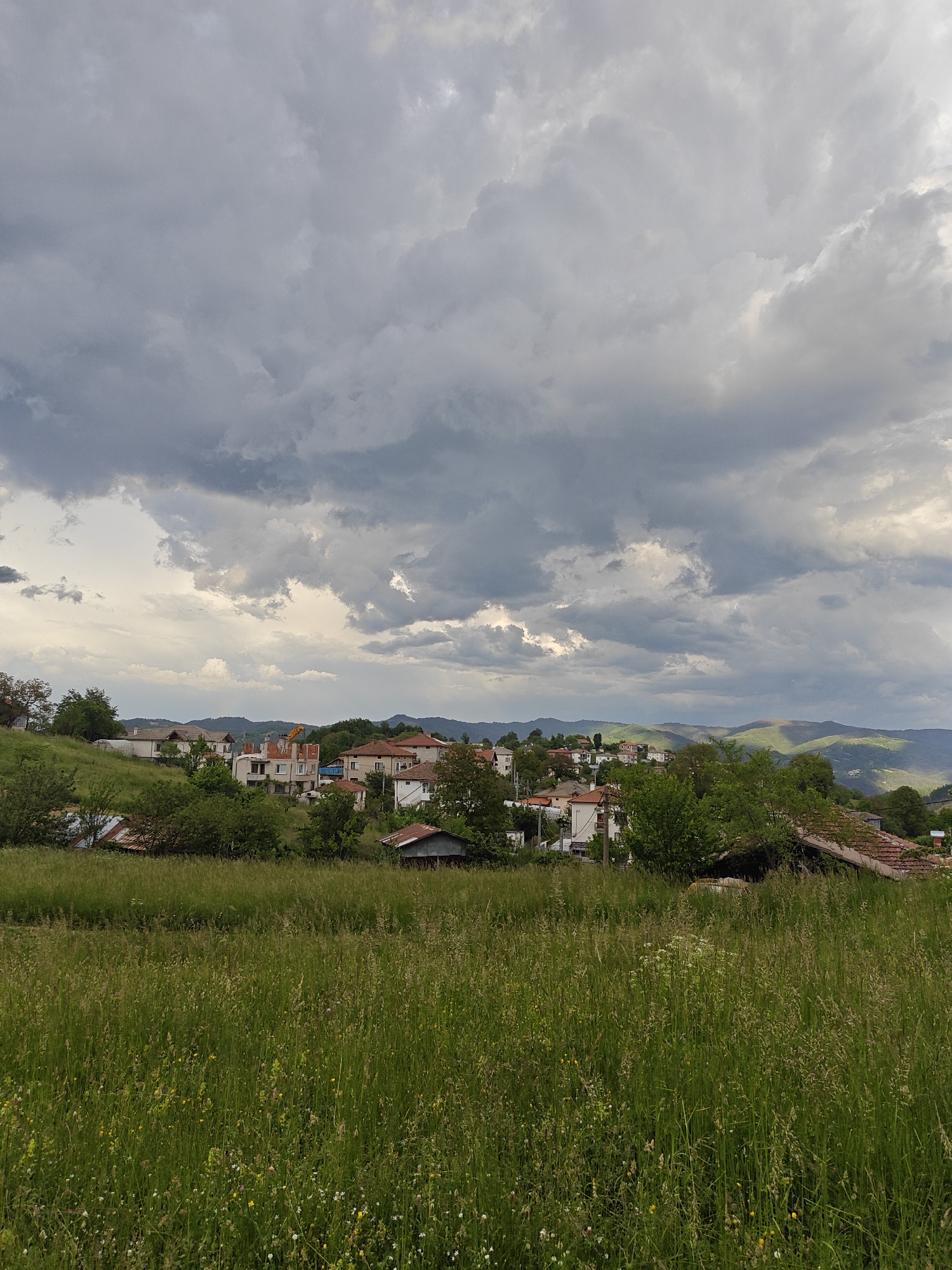 The image depicts a view of Maglishta, Bulgaria, under a cloudy sky. In the foreground, there is a field of tall green grass with some wildflowers. Beyond the field is a cluster of houses with red-tiled roofs and white walls, interspersed with trees. In the background, there are rolling hills and mountains. The sky is dominated by grey clouds, indicating potentially stormy weather.