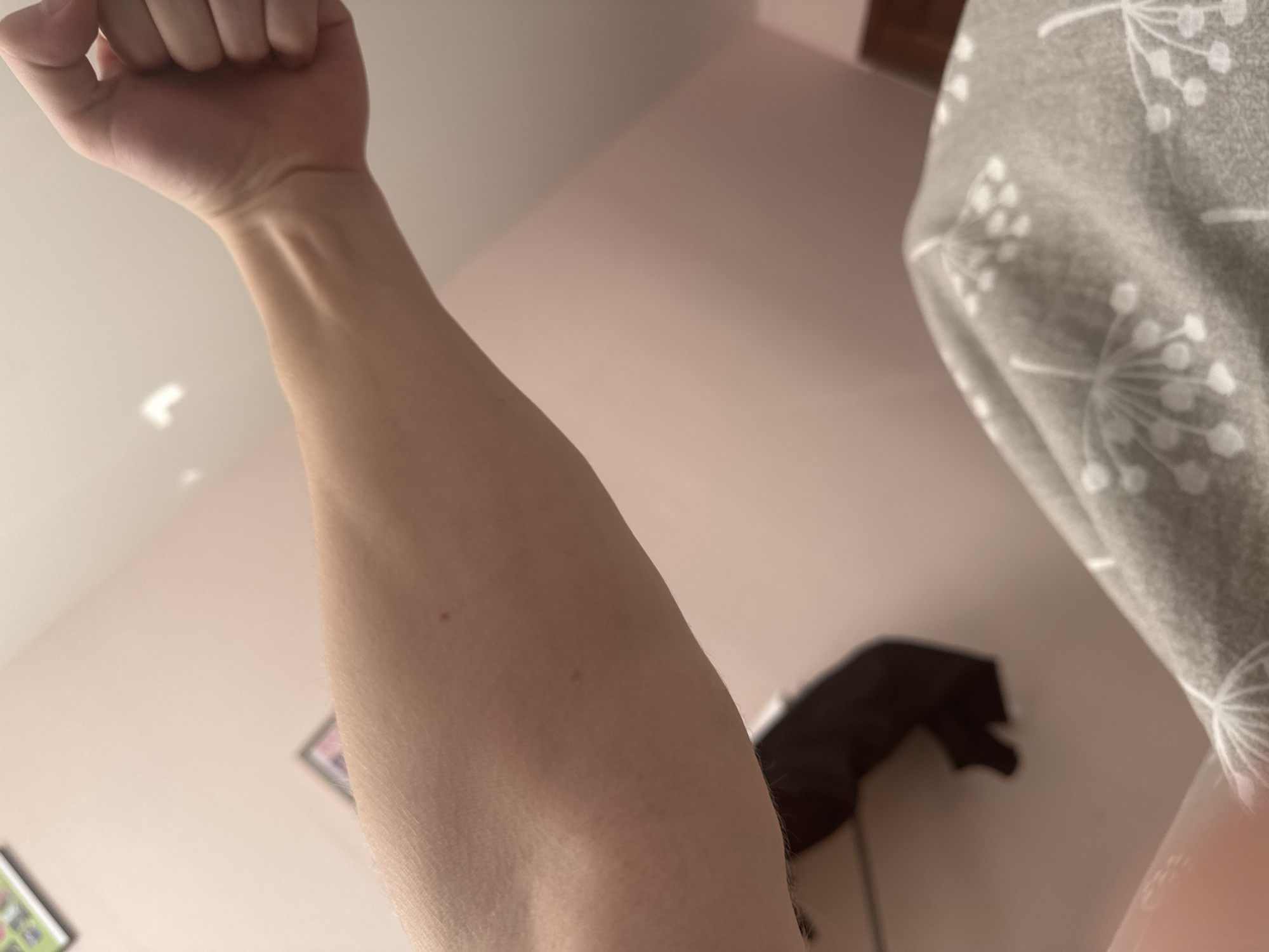The image shows a Caucasian person's raised arm and clenched fist. The forearm is pale and exhibits visible veins. The background includes a pink wall with a blurred photograph and a dark object on a shelf. A patterned gray and white fabric hangs on the right side. The specific location in Perm, Russia, cannot be determined from the image.