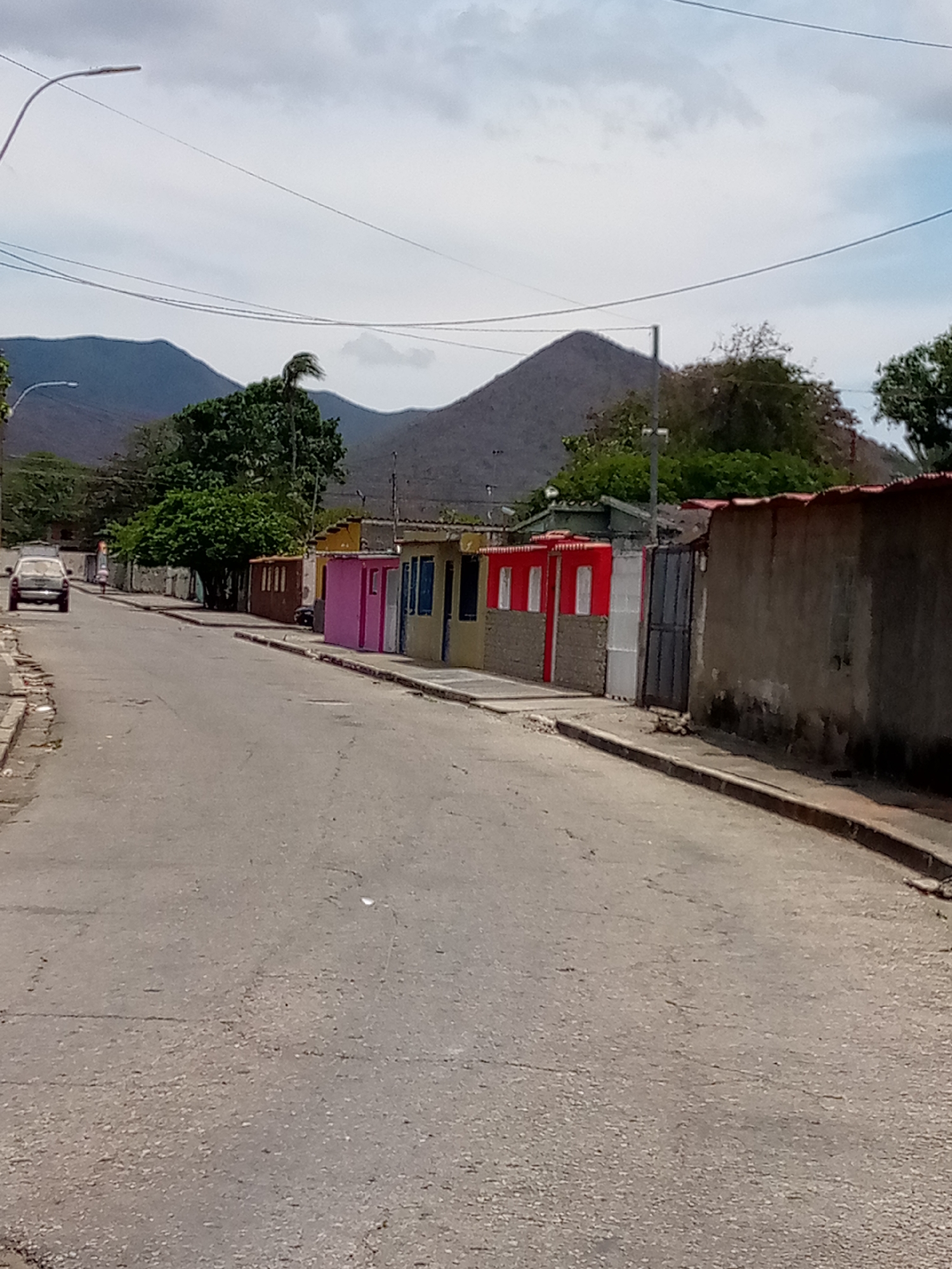 This image captures a street scene in Juan Griego, Venezuela, on an overcast day. The main subject is an asphalt road, appearing somewhat worn, stretching into the distance and flanked by buildings and natural landscape.
On the right side of the road, a series of houses or structures are visible. Many of these feature brightly painted facades in colors such as vibrant pink, yellow, and red, contrasting with sections of bare concrete walls and gray metal gates. A tall, roughly textured concrete wall with a red, possibly corrugated, roofline runs along part of the right side, extending towards the foreground. Overhead, numerous power lines traverse the sky.
On the left side of the road, a light-colored car, likely a sedan, is parked or slowly moving in the mid-ground. Further down the street, partially obscured by trees and the car, a single person can be faintly seen walking or standing. Lush green trees and foliage line both sides of the street and extend into the background.
Dominating the horizon in the background are large, dark-colored mountains under a cloudy, bright sky. Two street lamp poles with extended arms are visible against the sky; one in the upper left foreground and another further down the road on the left. The scene depicts a quiet residential area or small town street. No visible text is present in the image.