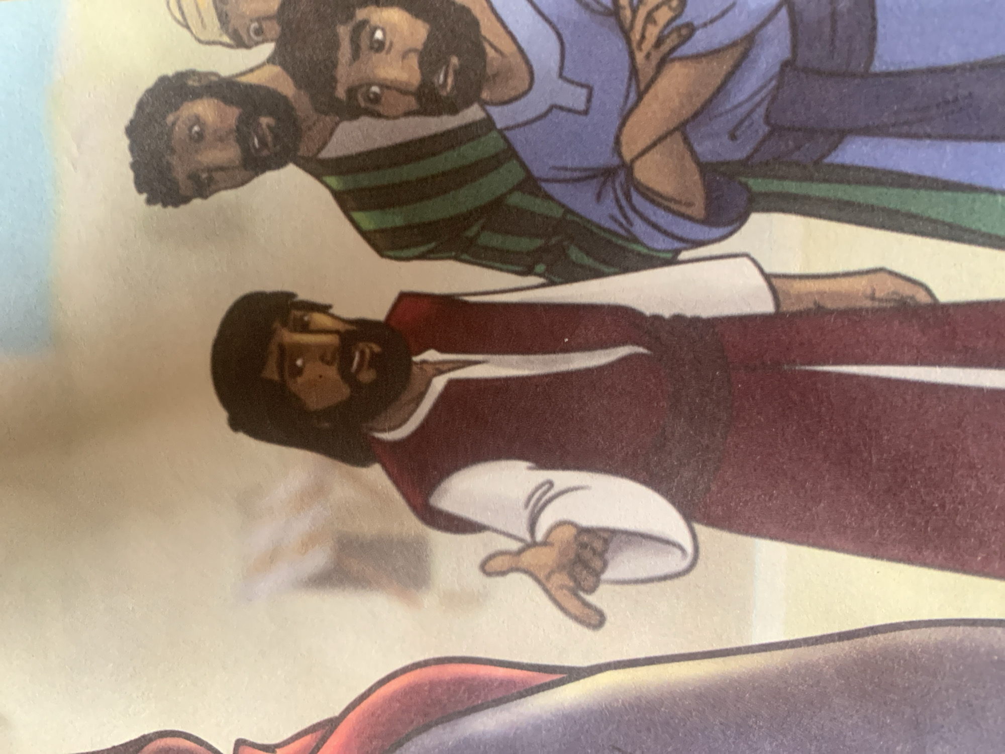 The image depicts a group of men with dark hair and beards, rendered in a cartoonish style. The central figure, appearing to be the main subject, is gesturing with his right hand. He is wearing a maroon vest over a white tunic. To his right, another man in a blue garment with a green striped sash is visible, looking towards the central figure. Further to the right, a third man in a striped garment with a white headdress is partially visible. The background is a plain, light color, suggesting an indoor or outdoor setting without specific architectural details. The scene does not provide any information about the city of Jauro Yinu, Nigeria.