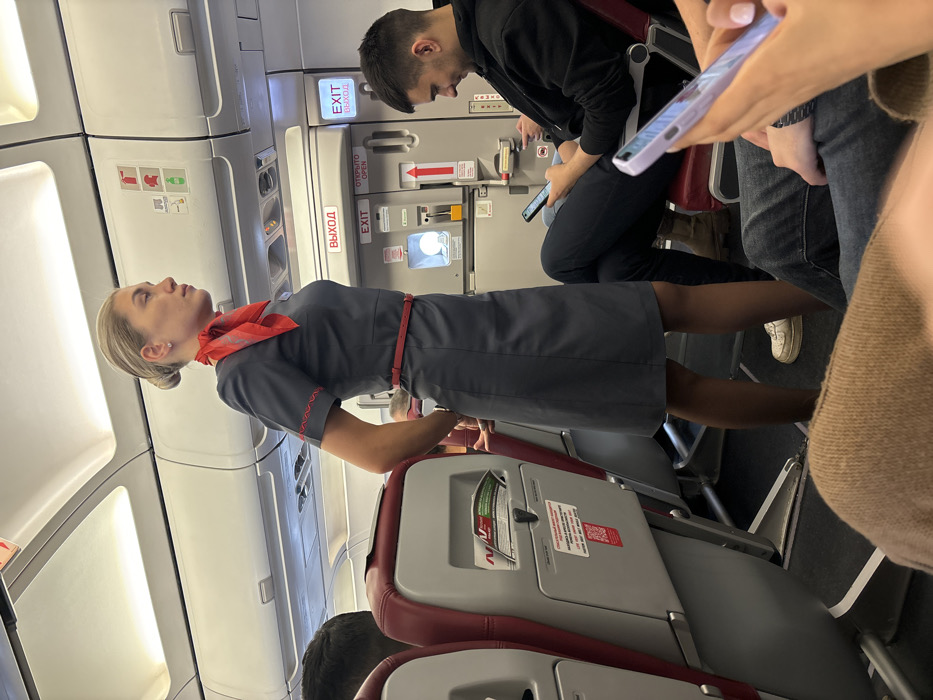The image depicts an interior view of an airplane cabin, specifically within the city of Novogorelovo, Russia. A female flight attendant stands in the main aisle, positioned in the mid-left area of the frame, facing right. She has blonde hair pulled back in a bun, and wears a short-sleeved grey uniform dress with red trim on the sleeves, a thin red belt, a red patterned neck scarf, white sneakers, and brown hosiery. Her hands are clasped behind her back. To her right, a male passenger is seated in a window seat, wearing a black hooded sweatshirt and dark pants, engrossed in a black smartphone. In the immediate foreground on the right, the hands of another passenger are visible, operating a light-colored smartphone. On the left, the back of a passenger's head and shoulder are visible, seated in a dark red and grey upholstered seat. Overhead compartments with various emergency symbols (e.g., life vest, fire extinguisher, oxygen mask) are visible along the cabin ceiling. An illuminated "ВЫХОД" (Exit) sign, along with "EXIT" and "ОТКРЫТО OPEN" text and an arrow, is visible on a bulkhead behind the flight attendant. The cabin is lit by artificial overhead lighting, and the passenger seats feature literature pockets, one of which displays a QR code and Russian text. No direct interaction between the flight attendant and passengers is depicted.