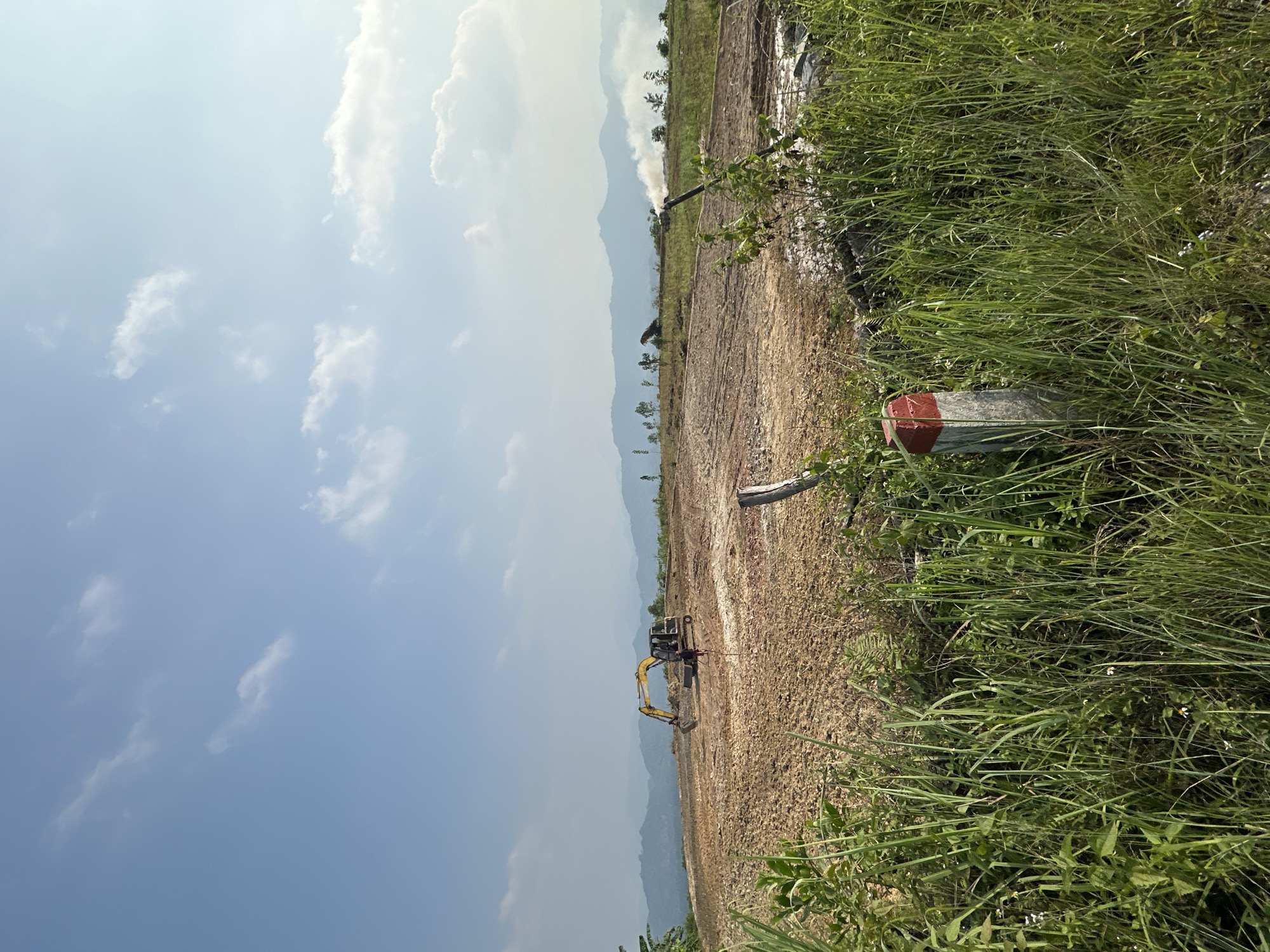 The image captures a wide outdoor scene, likely a construction site or an area undergoing land clearing, under a bright, clear sky. The photo is taken in broad daylight, indicated by the strong sunlight and well-defined shadows.
In the foreground, a dense patch of tall, green grass and other foliage occupies the right side of the frame. Partially obscured within this vegetation is a concrete marker post with a red painted top, possibly indicating a boundary or survey point.
The main subject of the midground and background is a vast expanse of reddish-brown, disturbed earth, suggesting recent excavation or grading work. Towards the left side of this cleared land, a yellow excavator is parked, its arm extended. Further into the background, near the center-right of the cleared area, a plume of white smoke rises from the ground, indicating either an active burn or recent smoldering. Sparse trees and shrubs are scattered across the cleared land.
In the far background, a range of hazy blue mountains stretches across the horizon, partially obscured by atmospheric haze. Above, the sky is a clear blue with scattered, fluffy white clouds. The overall impression is one of active land development or preparation in a rural or semi-rural mountainous area, specifically in Tân Trịnh Commune, Vietnam. No people or visible text are present in the image.