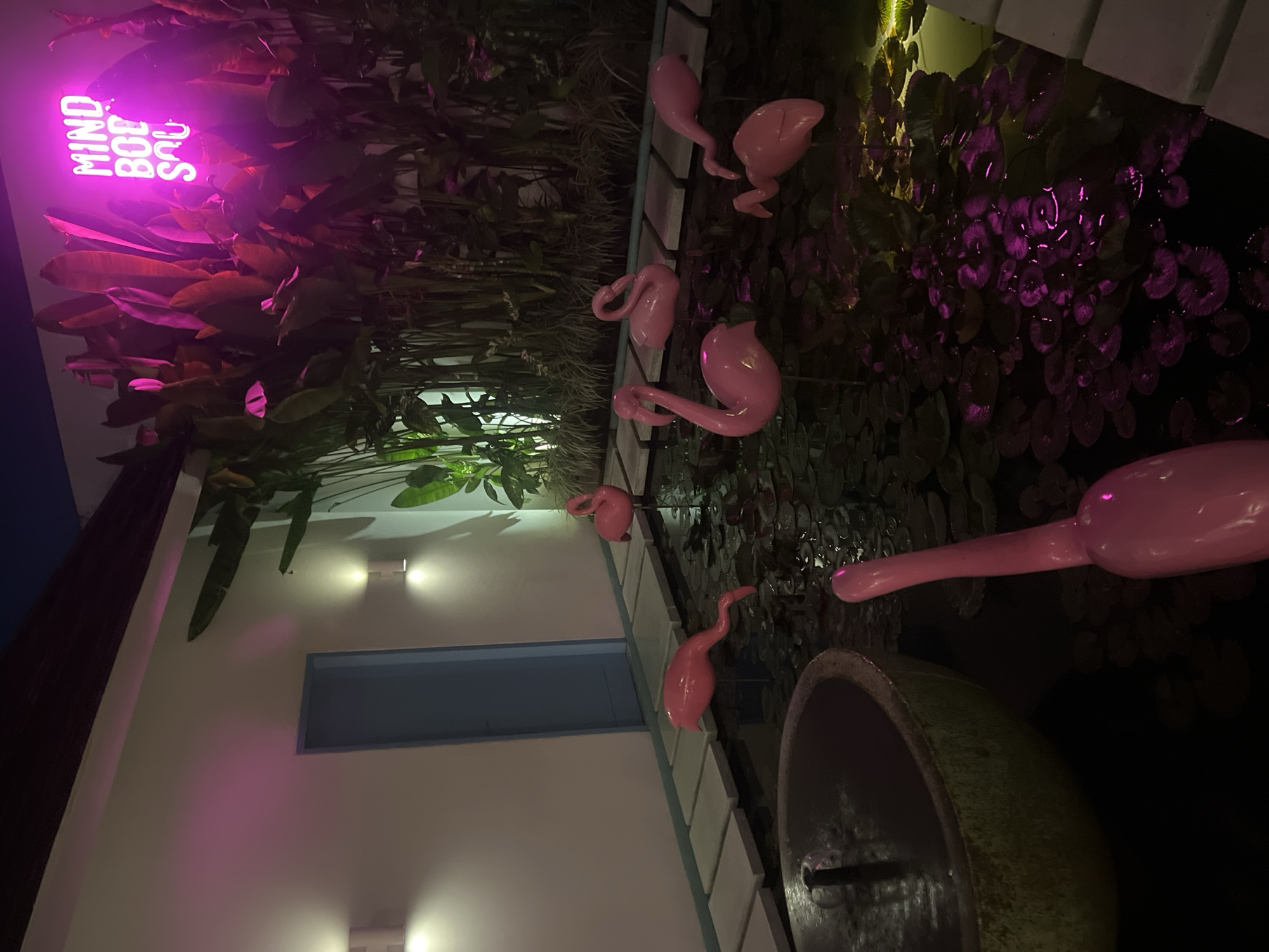 The image shows a nighttime scene in North Kuta, Indonesia. A building with a white facade is partially visible on the left, featuring a blue-framed window and exterior lighting. A neon sign spelling "MIND BOE SU" in bright pink is prominent atop dense tropical foliage. A pond or water feature occupies the right side of the image, populated with pink plastic flamingo decorations amidst lily pads. A large, green, cylindrical container, likely part of the water feature, is situated in the foreground.