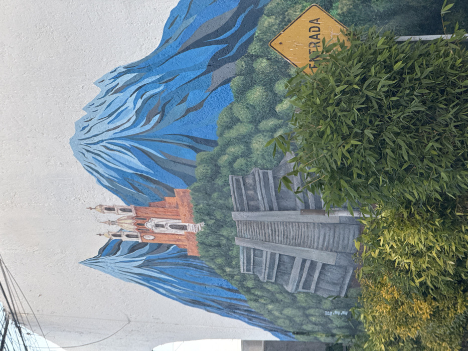 A colorful mural depicts a landscape with a blue mountain range, a red-orange church with multiple towers, and a gray, stepped pyramid structure, surrounded by green foliage. A yellow road sign with the word "ENTRADA" is visible. The scene is partially obscured by a leafy green bush in the foreground, adding depth to the composition. The overall impression is a depiction of a region with both historical and natural landmarks.