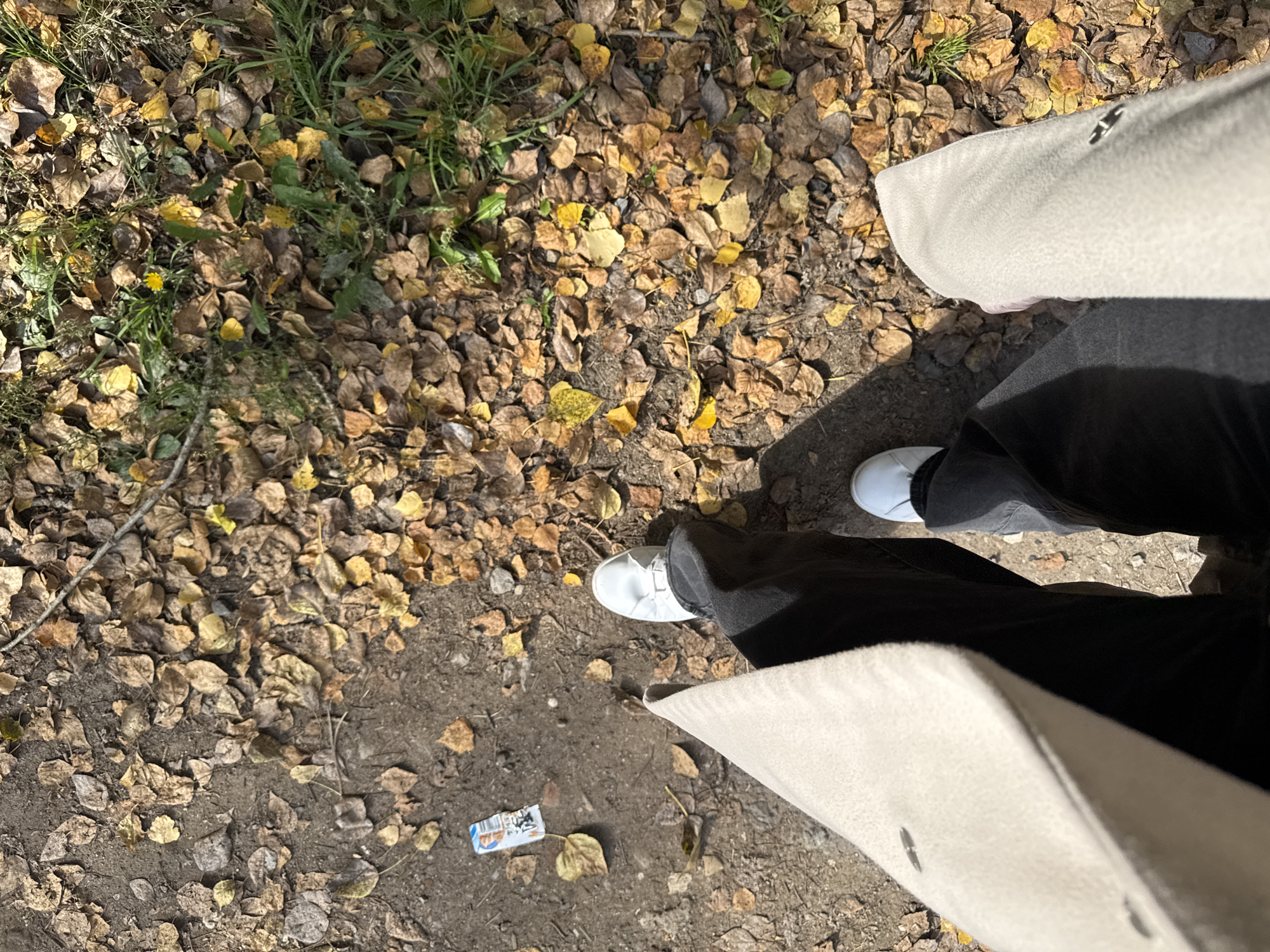 This image depicts a person's legs and feet walking on a path covered in fallen autumn leaves. The path appears to be dirt and is bordered by grass on the right side. A small piece of litter, possibly a juice box wrapper, is visible on the left side of the path. The person is wearing dark pants, white shoes, and a light-colored coat. The scene suggests an outdoor setting, likely a park or a street in a city during autumn. The presence of fallen leaves and the dappled sunlight indicate an outdoor environment during the daytime. Based on the available visual information and without external data, it is impossible to determine the specific location in the city of Perm, Russia.