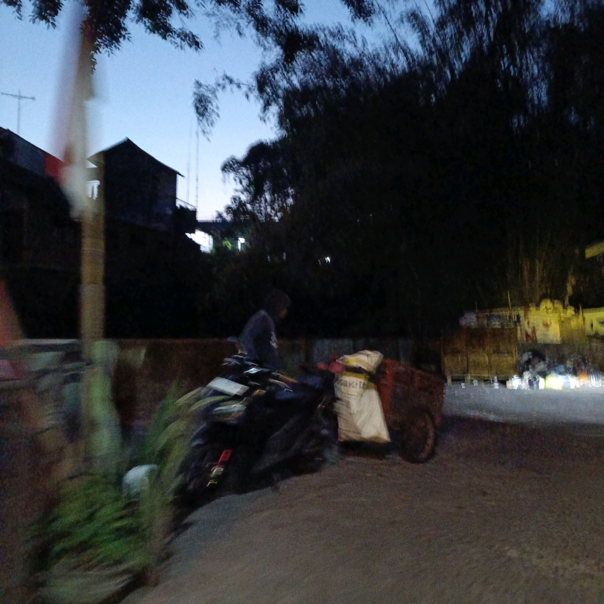 The image depicts a street scene in Salatiga, Indonesia, during twilight or nighttime. A person is seated on a motorcycle in the foreground, which is partially obscured by foliage. The motorcycle appears to be carrying several items, including a large white bag. In the background, there are buildings and trees, with some lights visible in the distance. The overall impression is of a quiet, possibly rural or semi-urban area, with a sense of movement due to the motion blur. The lighting suggests it is either early morning or late evening.