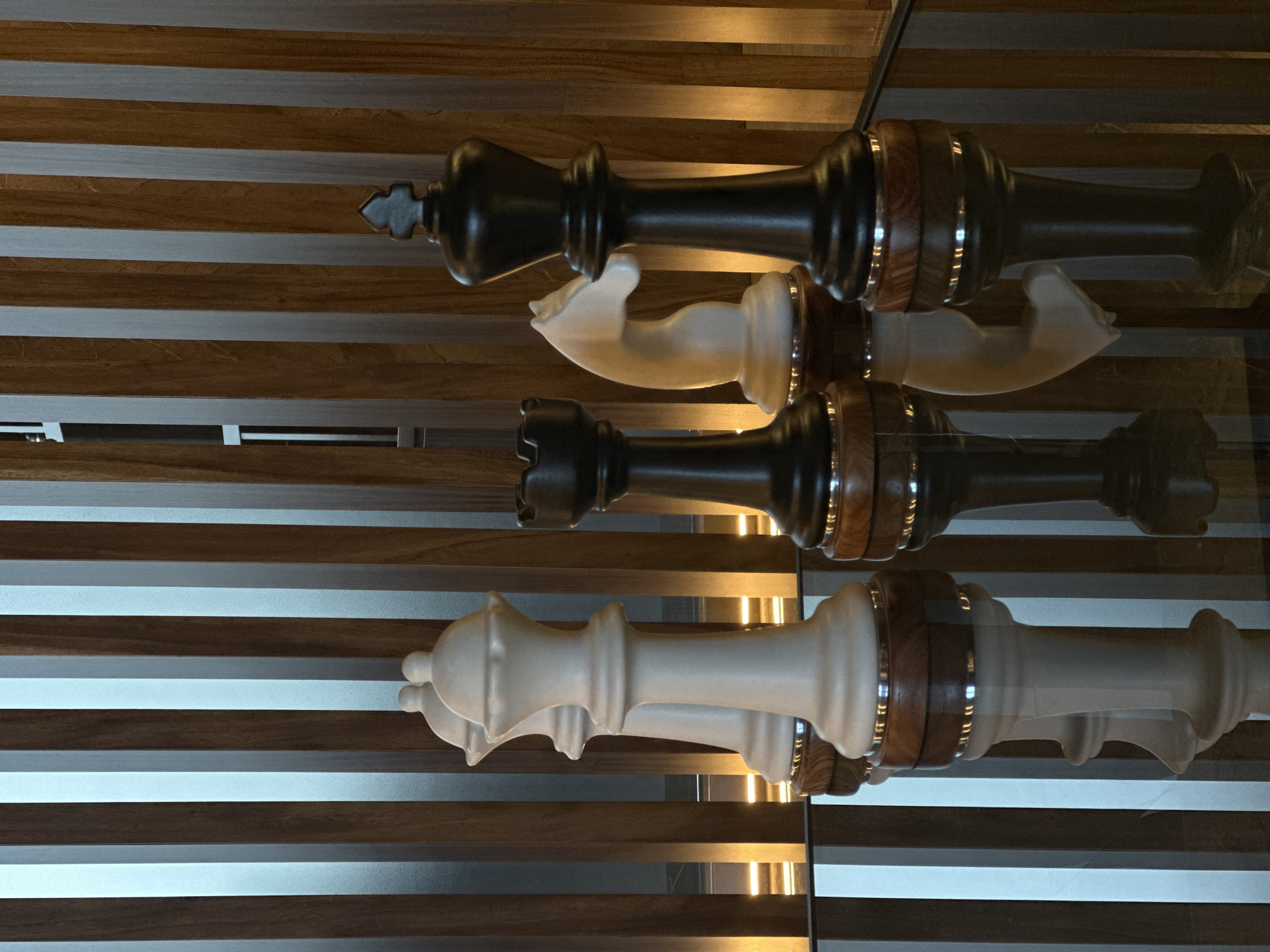 The image depicts a still life with a chess set and its reflection on a shiny surface, likely glass. The background consists of horizontal alternating bands of brown wood and silver metal. From top to bottom, the chess pieces are a black king, a white knight, a black rook, and a white queen. All of the chess pieces are in a horizontal line. Due to the lack of contextual information, it is impossible to determine the location in San Bernardino Tlaxcalancingo, Mexico, or to identify any specific actions or interactions within the scene.