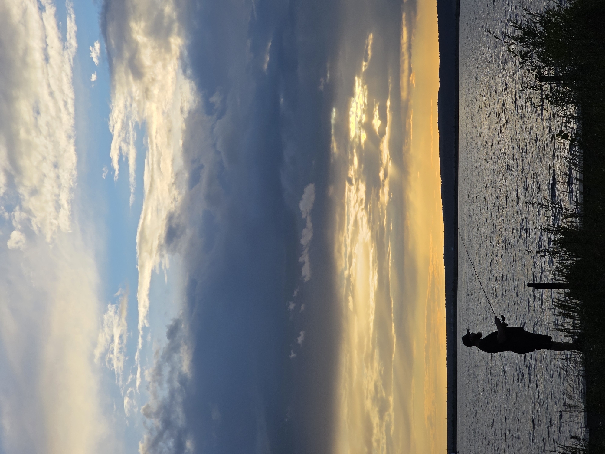 The media file depicts a tranquil scene at dusk along a body of water, likely a lake or river, in Chaikovsky, Russia. The image is oriented vertically.
The primary subject is a lone fisherman silhouetted against the water and sky. He is standing on the shore, wearing a cap and holding a fishing rod, engaged in the activity of fishing. To his right, a simple wooden post emerges from the water, and tall grass grows along the shoreline. The water itself is calm, with gentle ripples reflecting the fading light.
The sky is a dramatic display of a sunset, with a spectrum of colors ranging from soft blues and whites in the upper left to vibrant yellows and oranges near the horizon. Clouds are scattered across the sky, some catching the sunlight and appearing brightly lit, while others are darker and more ominous. The horizon is marked by a faint, dark silhouette of distant land.
The overall mood is peaceful and serene, evoking a sense of calm solitude associated with sunset fishing. The time of day is clearly evening, as indicated by the sunset colors. There is no visible text in the image.