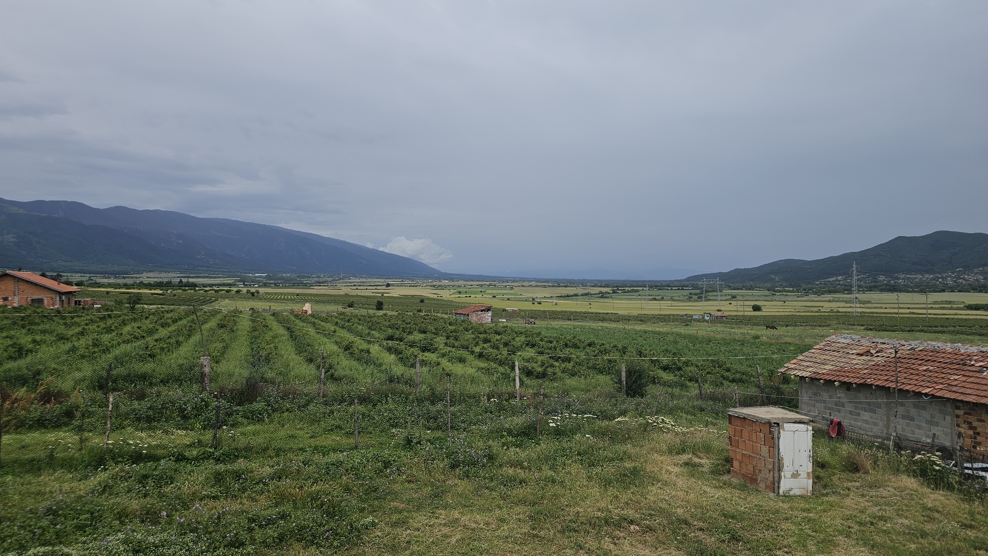 A wide shot captures a pastoral landscape under an overcast sky in the vicinity of Rozino, Bulgaria. In the foreground, a grassy embankment leads down to a field. To the right, a small, weathered brick structure with a white door stands next to a low, open-sided building with a red tiled roof, constructed of cinder blocks. Beyond this, a neatly planted field of green crops stretches into the middle ground, bordered by thin fencing. Further in the distance, rolling hills and mountains form a dramatic backdrop, their slopes covered in a mix of vegetation and dotted with structures. A few scattered buildings and some power lines are visible across the expansive fields. The overall impression is one of rural tranquility.