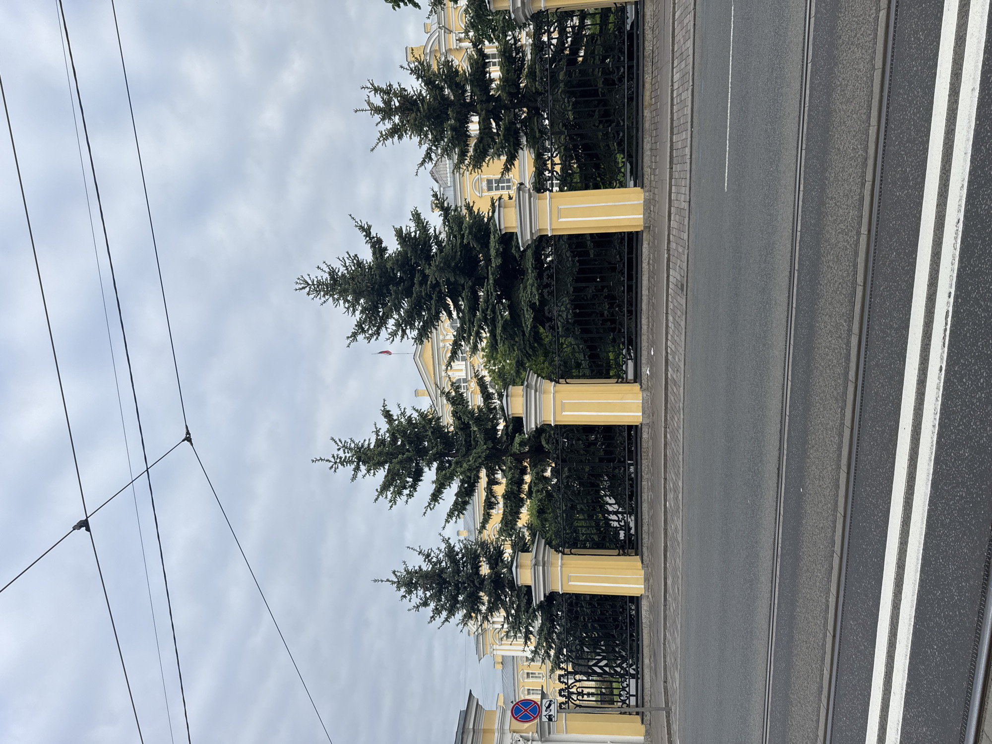 The image displays a static street scene in Saint Petersburg, Russia, under an overcast sky. A prominent, multi-story building, painted in a pale yellow with white classical architectural details, stands on the right side of the frame. Several tall, dark green coniferous trees are planted in front of the building, partially obscuring its lower facade. A small Russian flag is visible on the building's roof towards the left.
A black wrought-iron fence, supported by robust yellow pillars matching the building's color, separates the property from the public area. Adjacent to the fence is a grey paved sidewalk. Beyond the sidewalk lies a wide asphalt road with clearly marked white lines, including a solid lane divider and a double solid line, suggesting multiple lanes. Tram tracks are embedded in the road surface.
In the upper left portion of the image, multiple dark overhead wires crisscross against the dull, cloudy sky, indicating the presence of electric public transport. Near the bottom left, a blue circular road sign with a red border and a diagonal red line (an international "No Stopping" symbol) is affixed to a yellow fence pillar. Below it, a smaller rectangular sign features symbols for a tow truck and a car with a cross, indicating a tow-away zone. No specific activity or individuals are depicted, making it a general street view of a stately urban environment.