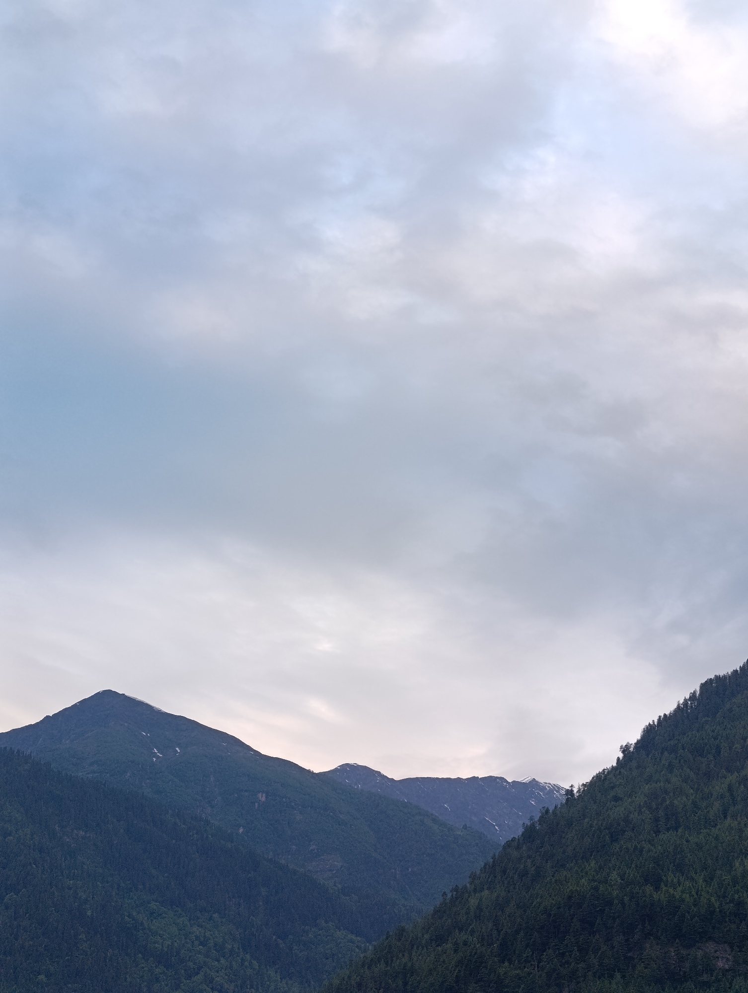 A view of lush green mountains under a cloudy sky. The mountains are densely covered with coniferous trees. In the distance, some mountain peaks are visible with patches of snow. The sky is overcast with soft, diffused light. The location is Vashisht, India.