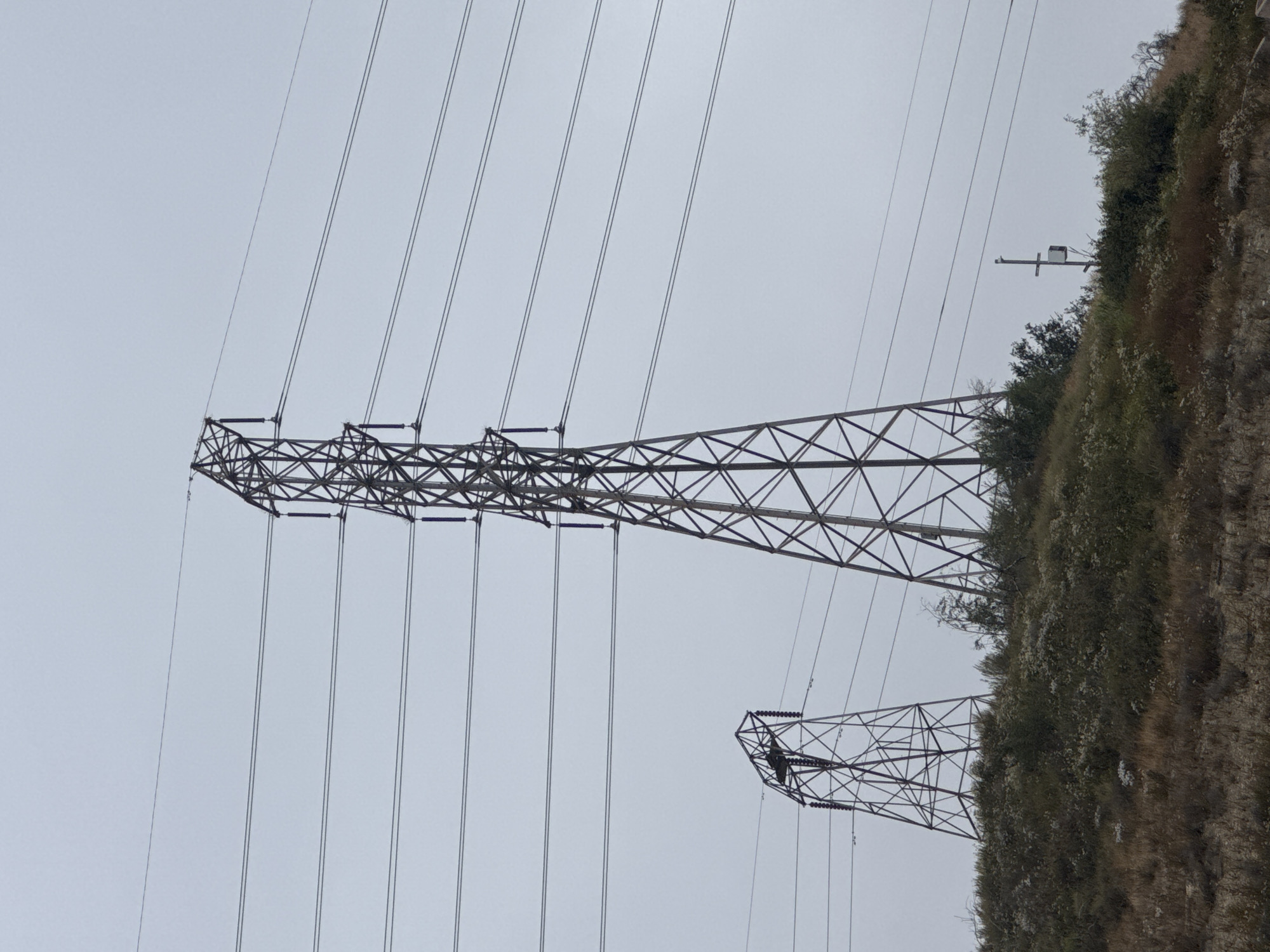 The image depicts a landscape scene dominated by tall, metal lattice-style electricity pylons against a pale, overcast sky. Several high-voltage power lines stretch across the frame, supported by the pylons. In the foreground, on the right side, a steep, overgrown hillside is visible, covered in dry grasses, scrub brush, and scattered white wildflowers. Some trees and denser foliage can be seen further up the slope.
Two large pylons are prominent. The pylon on the left is much closer to the camera and appears to be fully intact, with its complex lattice structure clearly visible. The pylon on the right is smaller and appears to be a section of a pylon or a different, perhaps older or partially dismantled, structure. It is positioned further back and on the hillside. In the middle ground, a smaller pole with some equipment attached is visible against the sky, near the top of the hillside.
The overall impression is one of an industrial landscape integrated with a natural, somewhat arid environment. The weather appears to be overcast, creating a diffused, soft light with no harsh shadows. The time of day is indeterminate due to the flat lighting conditions. There is no visible text in the image. The scene is likely located in a somewhat rural or exurban area, given the presence of both power infrastructure and undeveloped hillside. The lack of any people or specific activity suggests a static, environmental capture.