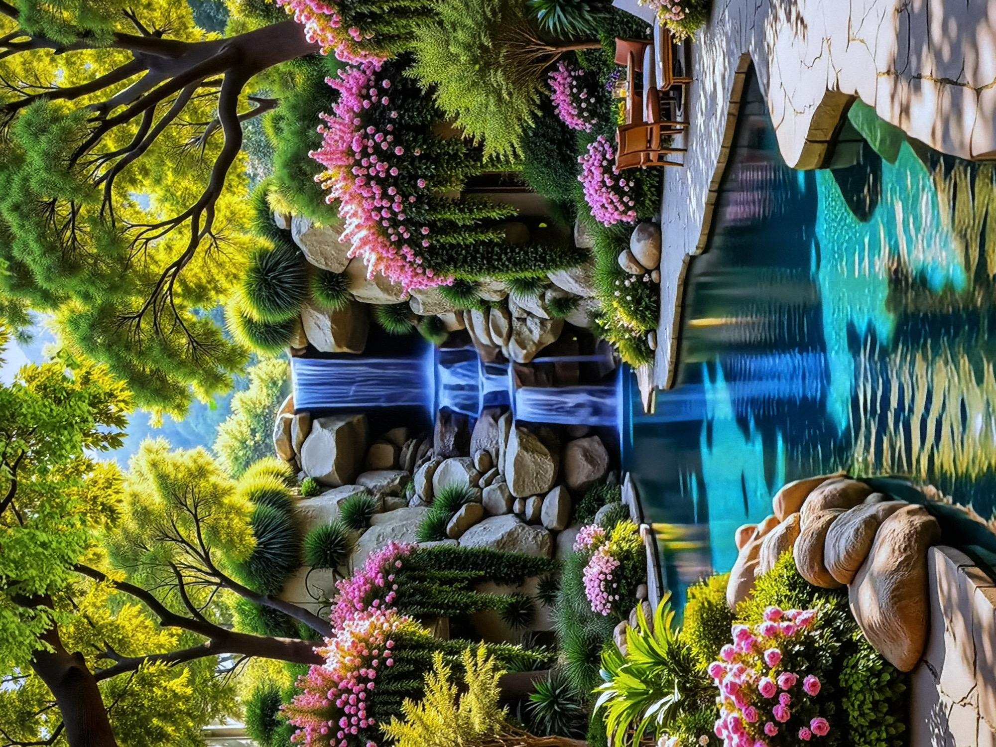 This image depicts a lush, vibrant, and intricately landscaped garden scene, viewed from a slightly elevated perspective. A prominent feature is a multi-tiered waterfall cascading into a tranquil, deep blue-green pool or pond. The water surface of the pool reflects the surrounding greenery and sunlight.
On the left side, a large tree with thick, gnarled branches and bright green, sunlit leaves dominates the upper portion of the frame. Below it, dense vegetation includes various shades of green bushes and smaller trees.
The right side features a paved stone area with two wooden chairs and a small table, positioned as a serene seating spot overlooking the water feature. This area is bordered by a stone wall. Rocks and boulders are strategically placed around the waterfall and pool, creating a naturalistic yet managed aesthetic.
Throughout the garden, numerous flowering plants with clusters of small, bright pink blossoms add splashes of vibrant color against the abundant green foliage, which includes manicured shrubs, grass-like tufts, and diverse plant species. The scene is bathed in bright daylight, casting clear shadows and emphasizing the textures of the rocks and plants.
The overall impression is one of a meticulously designed, peaceful, and picturesque natural retreat. There are no people visible, suggesting a quiet moment in this beautiful setting. No visible text is present. Given the location context, this is a feature within a garden or park in Sofiivska Borshchahivka, Ukraine.